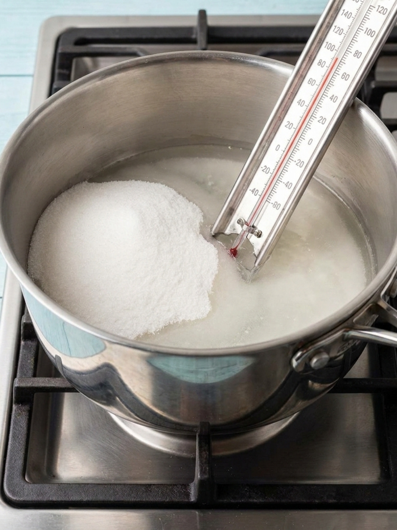Sirop de sucre qui cuit avec un thermomètre dans une casserole pour guimauve recette sans gelatine.