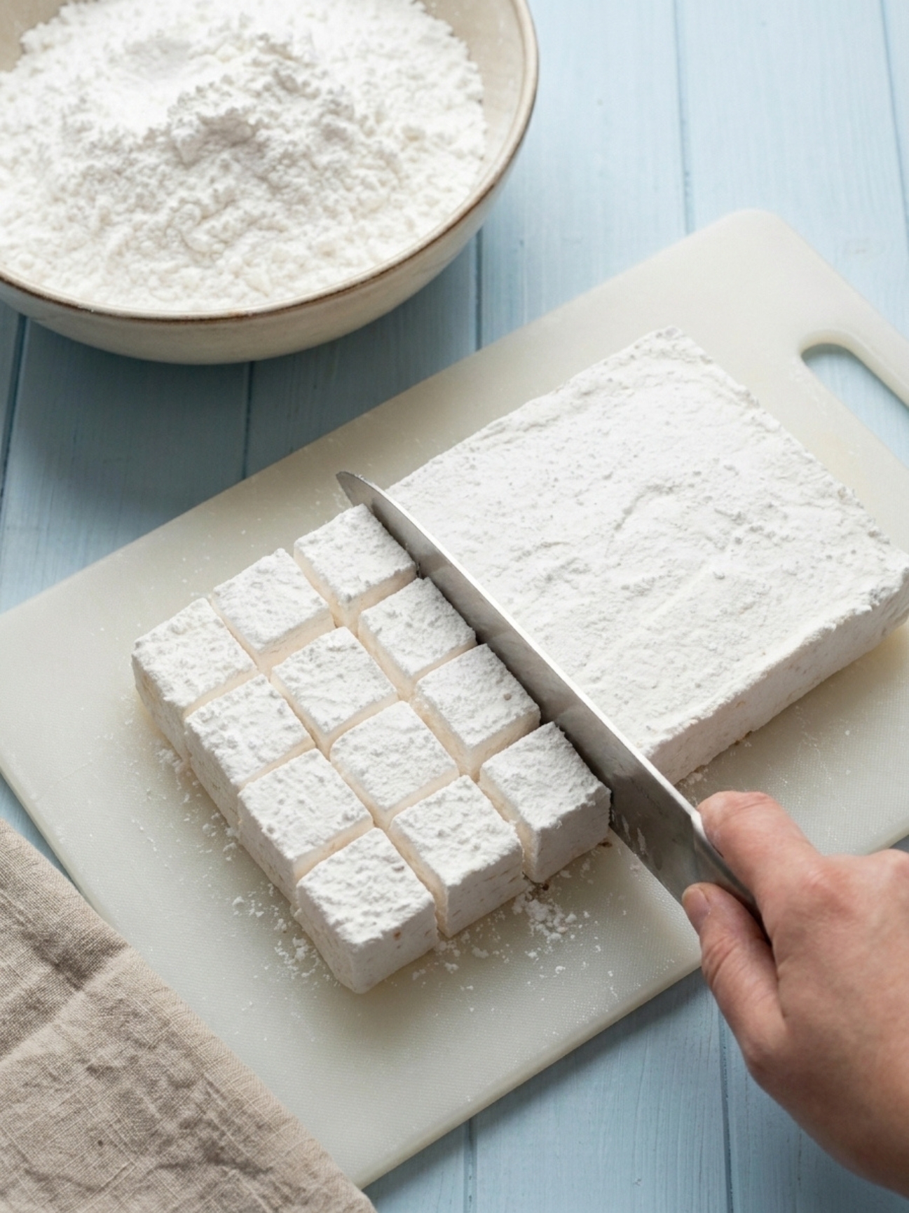 Un couteau découpe des cubes de guimauve recette sans gelatine sur une planche blanche.