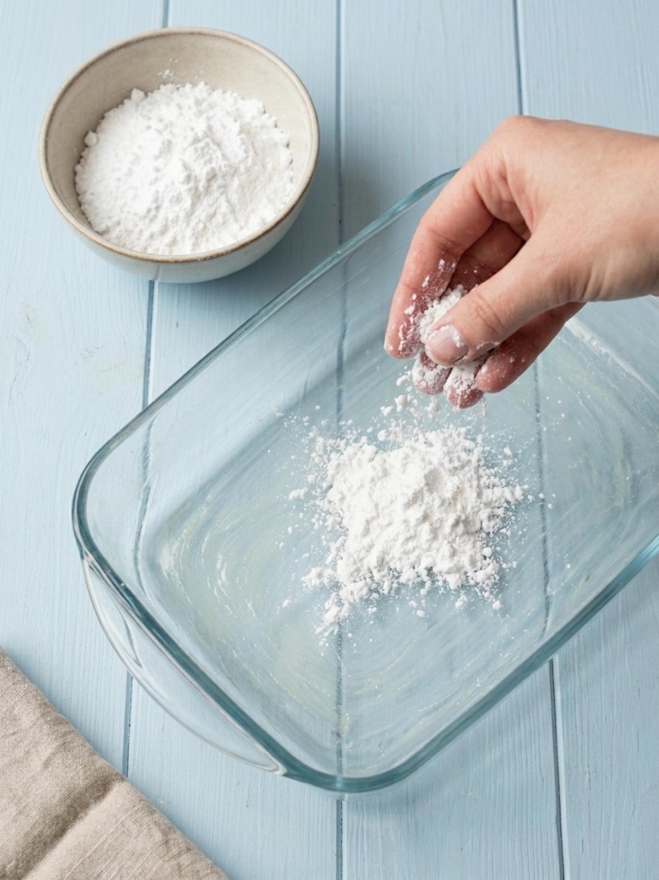 Une main saupoudre un mélange blanc dans un plat pour la guimauve recette sans gelatine.