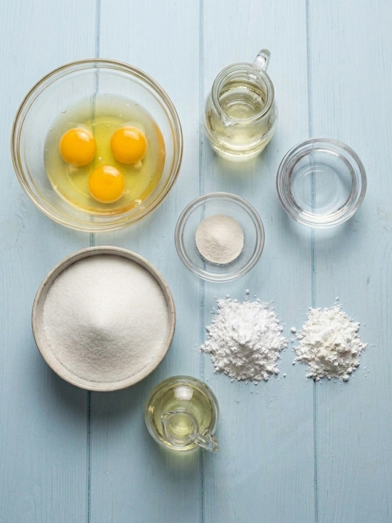 Ingrédients sur fond bleu pour préparer une guimauve recette sans gelatine avec des œufs et du sucre.