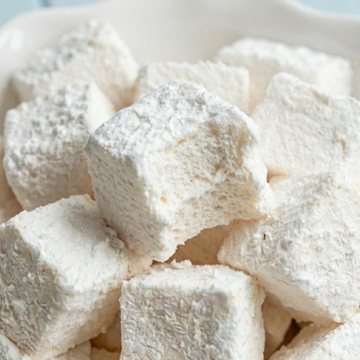Gros plan sur des cubes moelleux et poudrés de guimauve recette sans gelatine dans un bol.