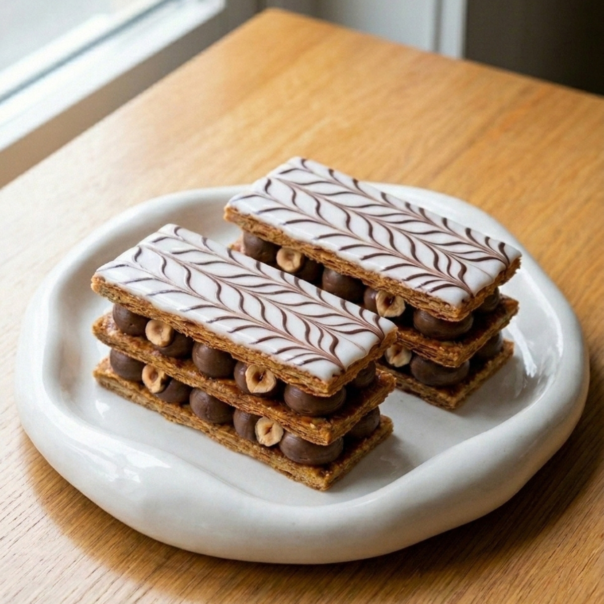 Deux pâtisseries mille feuille chocolat avec glaçage marbré traditionnel sur une assiette blanche.