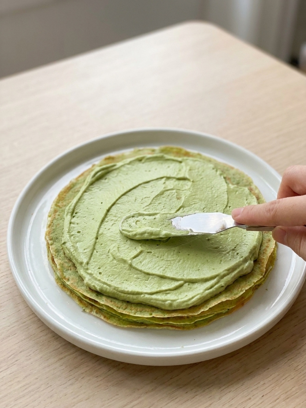 Spreading matcha green tea cream on layers of a mille feuille de crepes cake base.