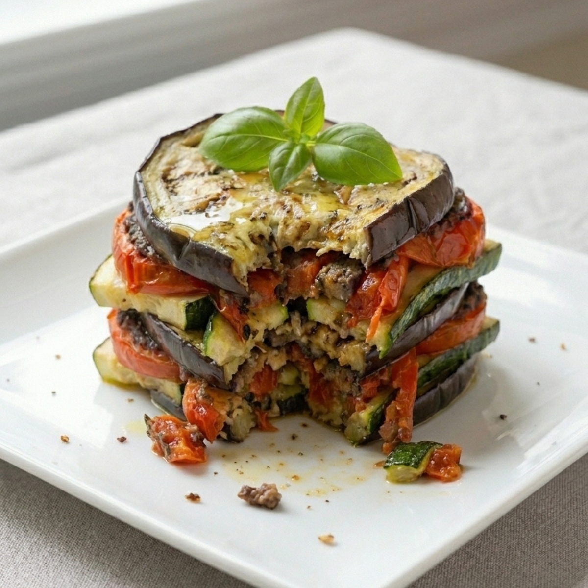 Gros plan d'une bouchée de mille feuille de legumes fondant avec des couches visibles.