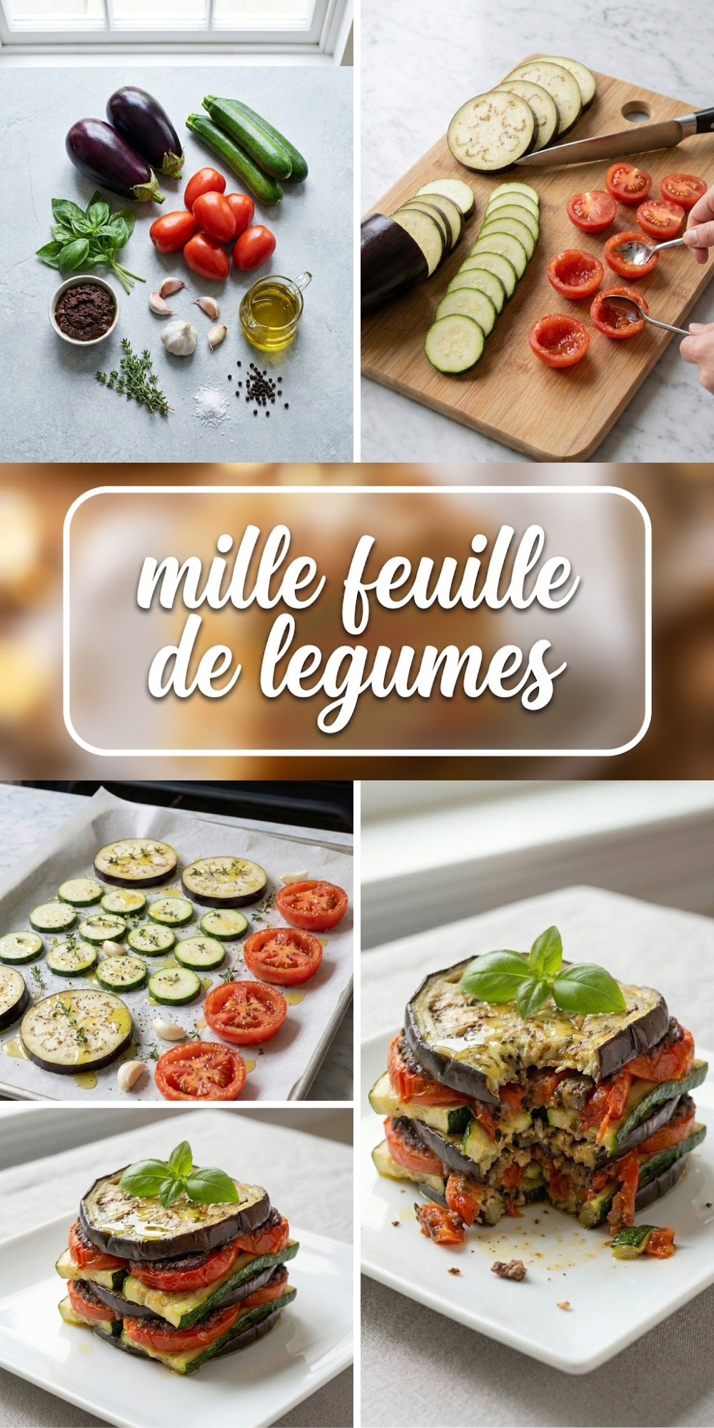 Épingle collage avec étapes et texte central mille feuille de legumes recette facile.