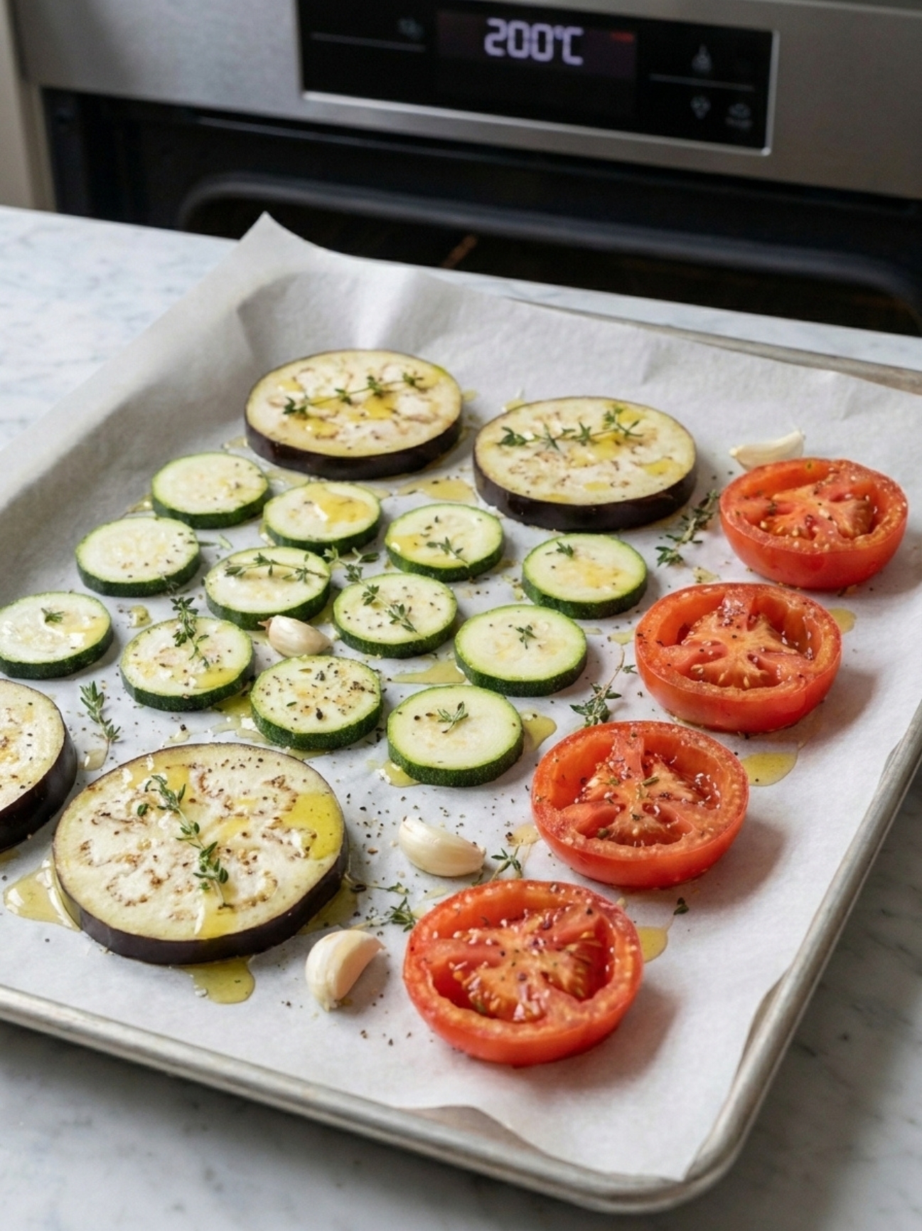 Tranches d'aubergine et courgettes sur une plaque de cuisson pour un mille feuille de legumes.