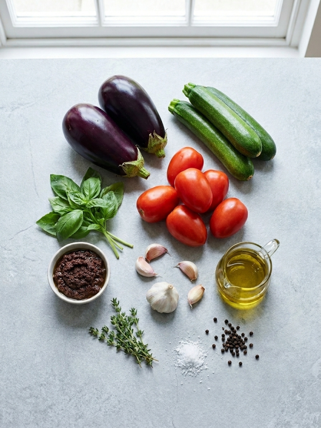 Ingrédients frais pour mille feuille de legumes avec aubergines tomates et basilic sur fond gris.