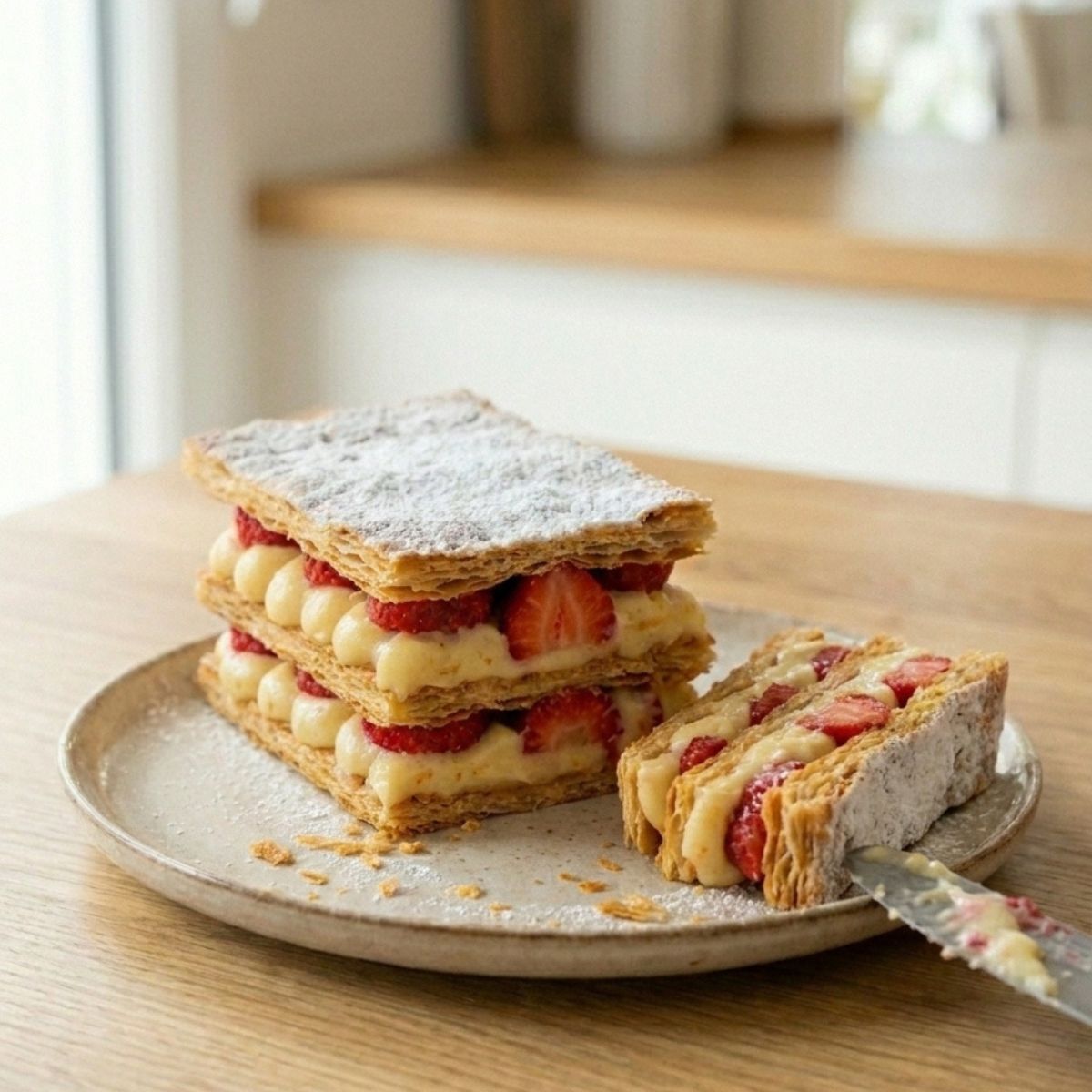 Une tranche de mille feuille fraise avec pâte feuilletée, crème et fraises fraîches sur une assiette.