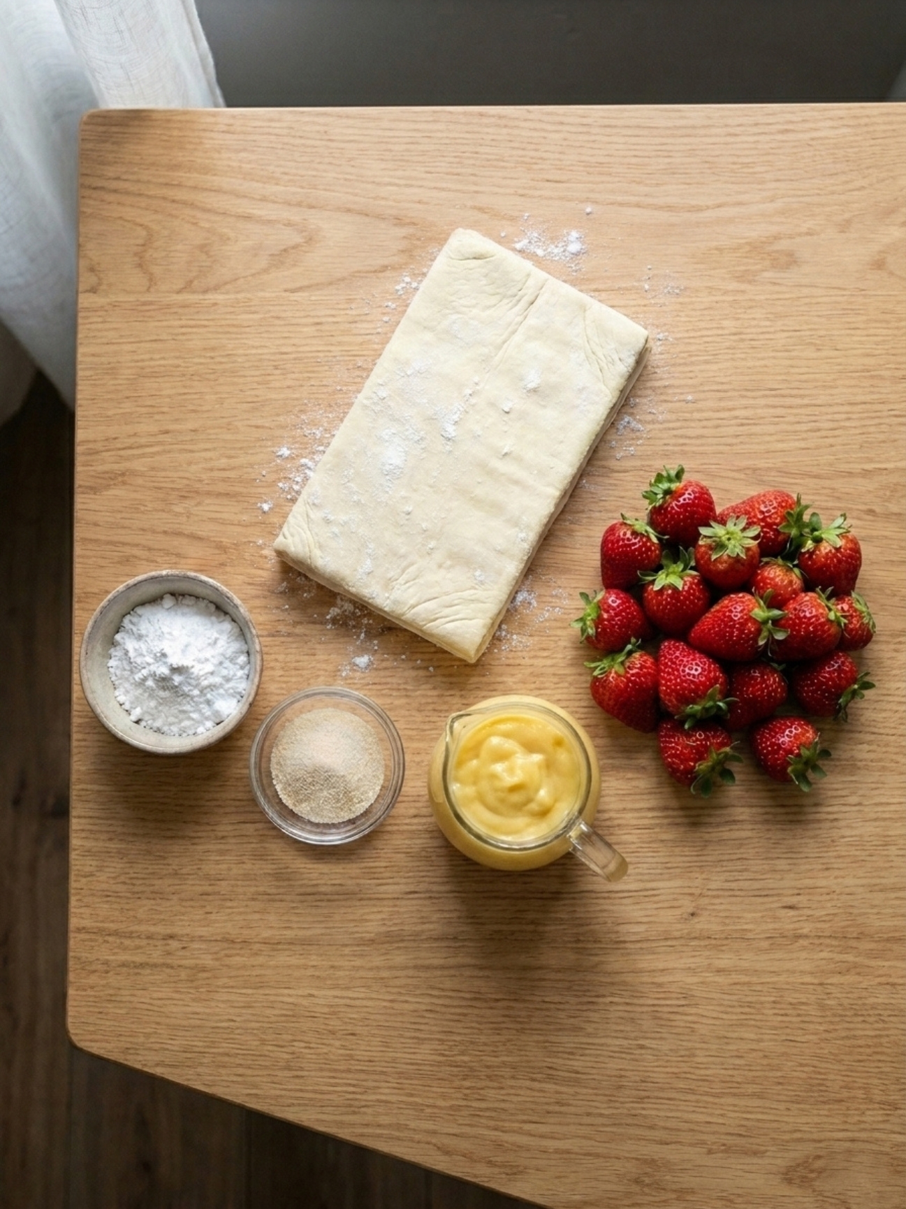 Ingrédients pour mille feuille fraise avec fraises, crème, pâte feuilletée et sucre glace.