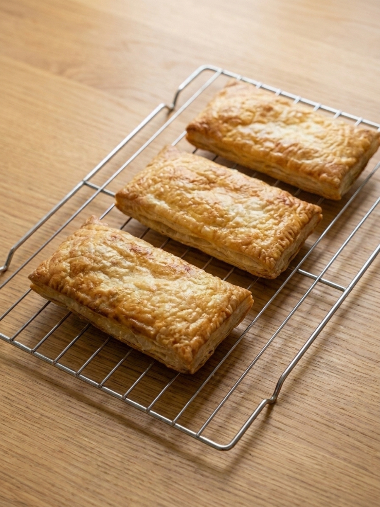 Trois rectangles de pâte feuilletée bien dorés et croustillants sur une grille de cuisson.