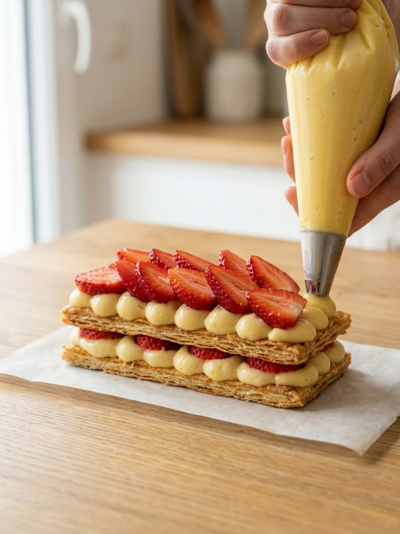 Pochage de la crème sur une pâte feuilletée avec des fraises pour un mille feuille fraise.