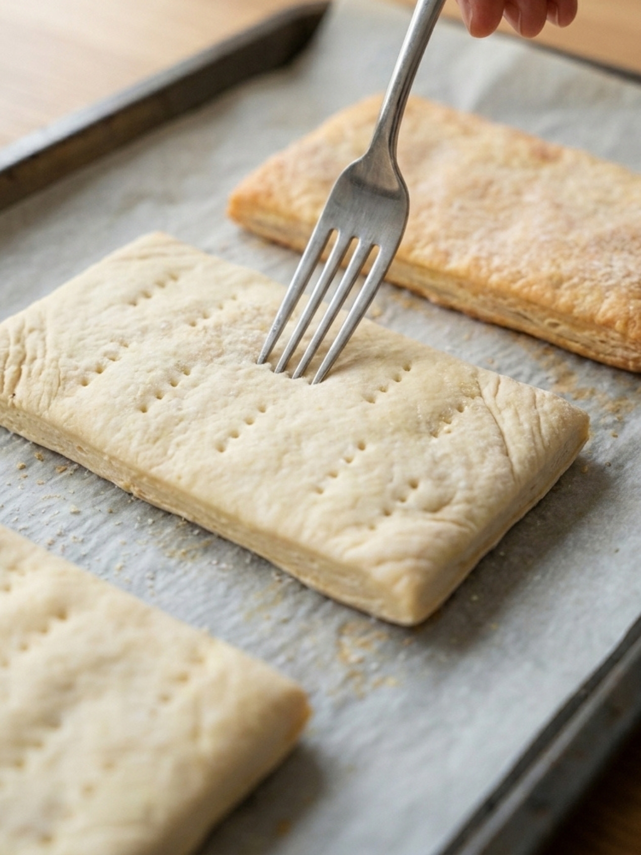 Piquer une plaque de pâte feuilletée crue avec une fourchette sur du papier cuisson.