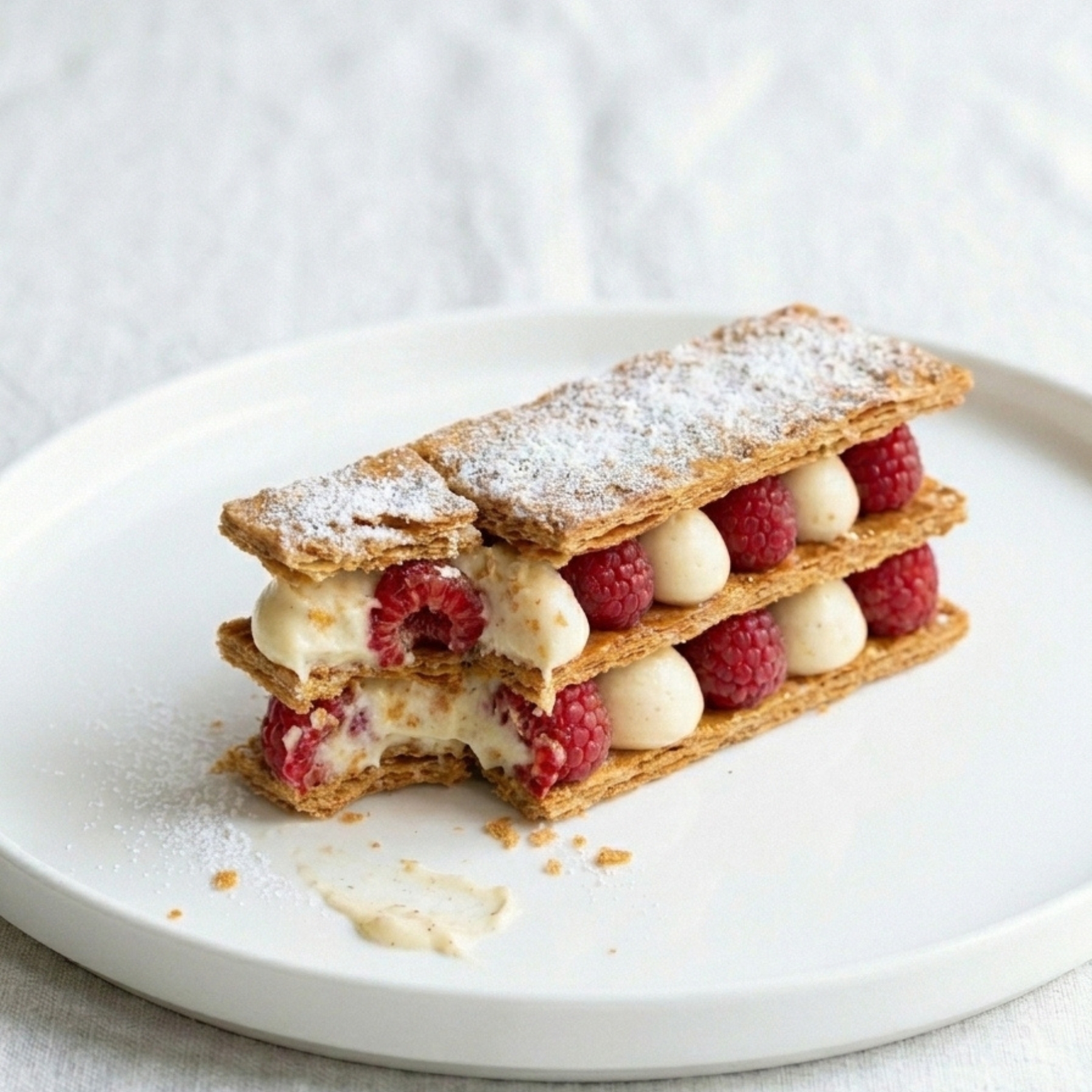 Gros plan d'un mille feuille framboise entamé montrant la texture de la crème vanille.