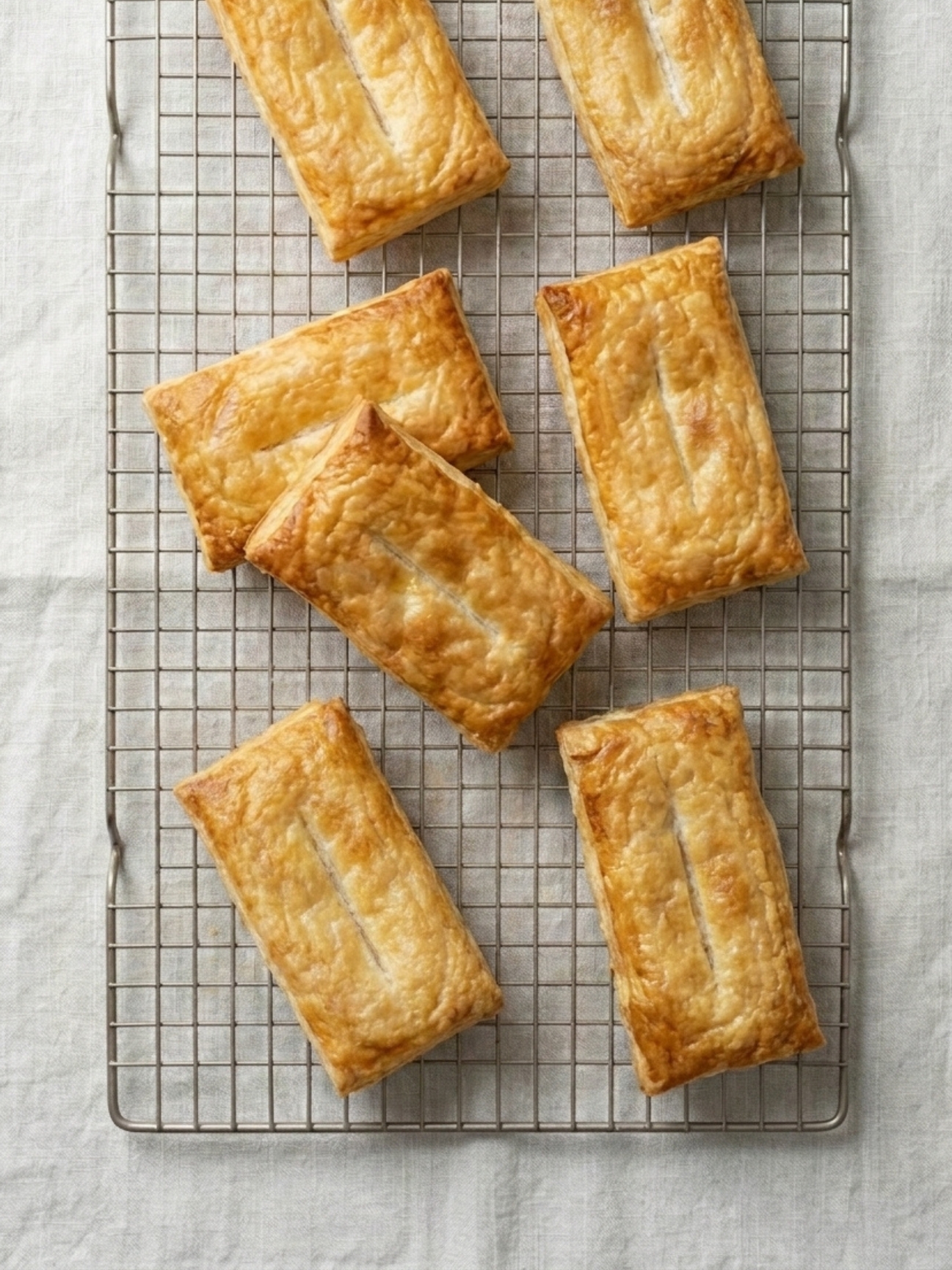 Rectangles de pâte feuilletée cuite et dorée refroidissant sur une grille de pâtisserie.