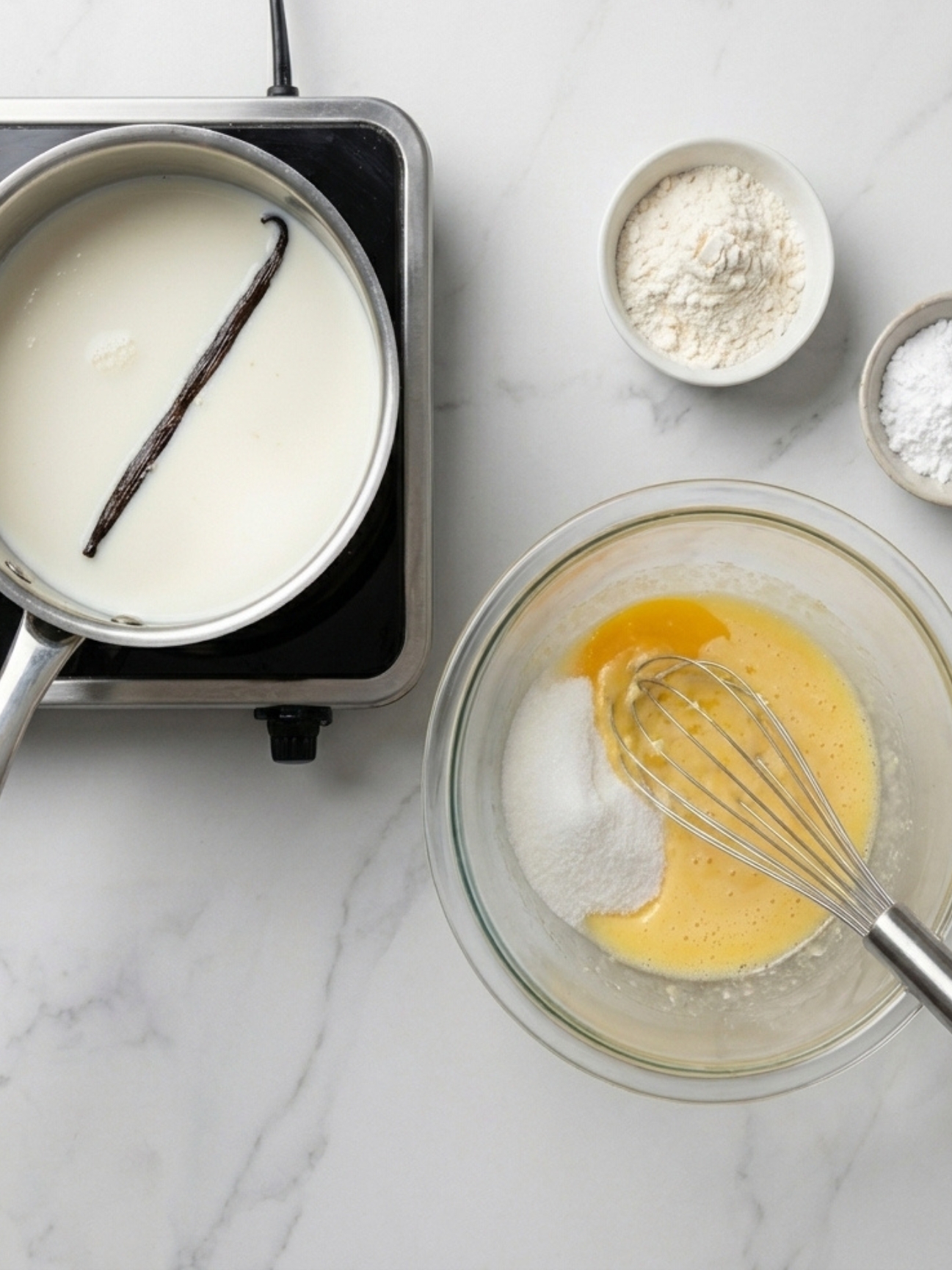 Préparation de la crème vanille pour la recette mille feuille framboise dans une casserole.