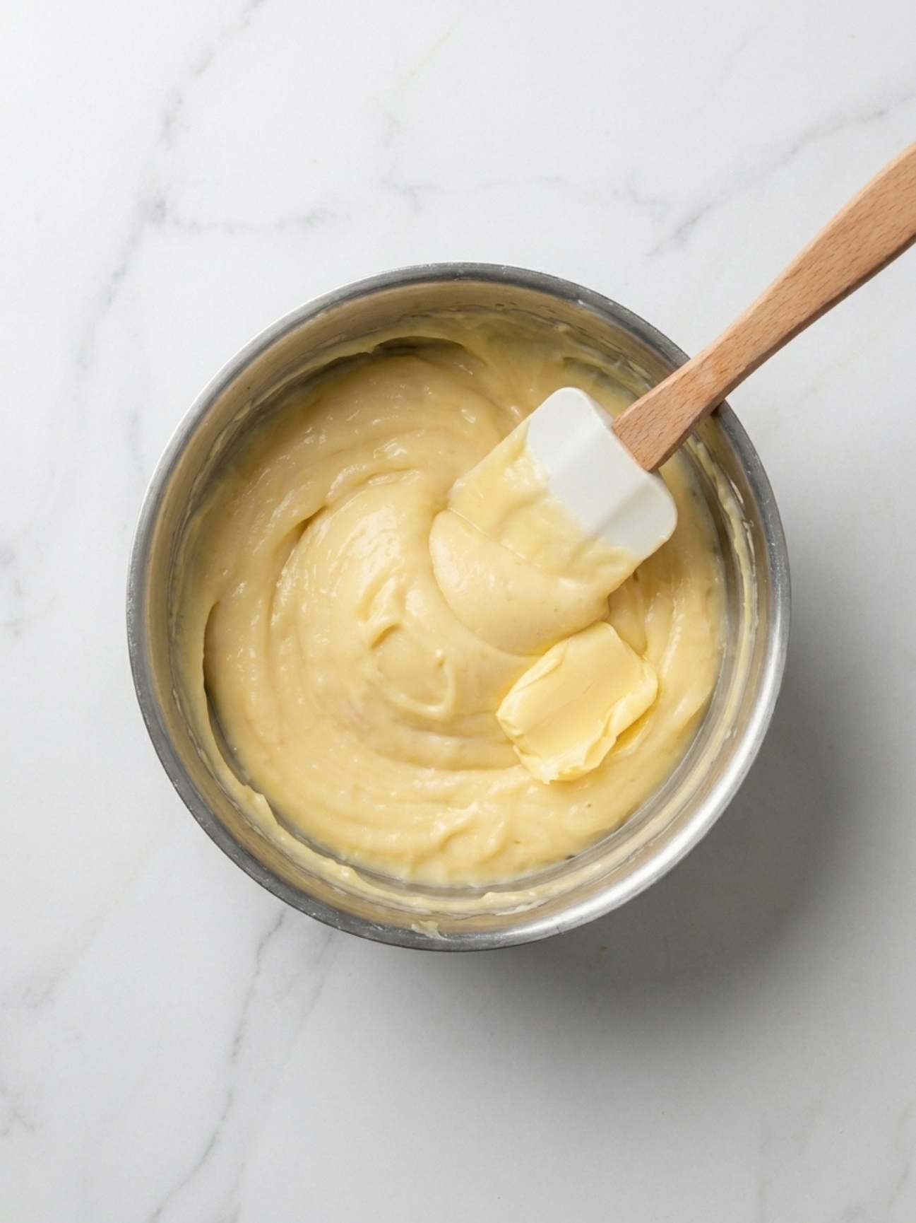 Crème diplomate onctueuse mélangée avec une maryse dans un bol en inox pour mille feuille.