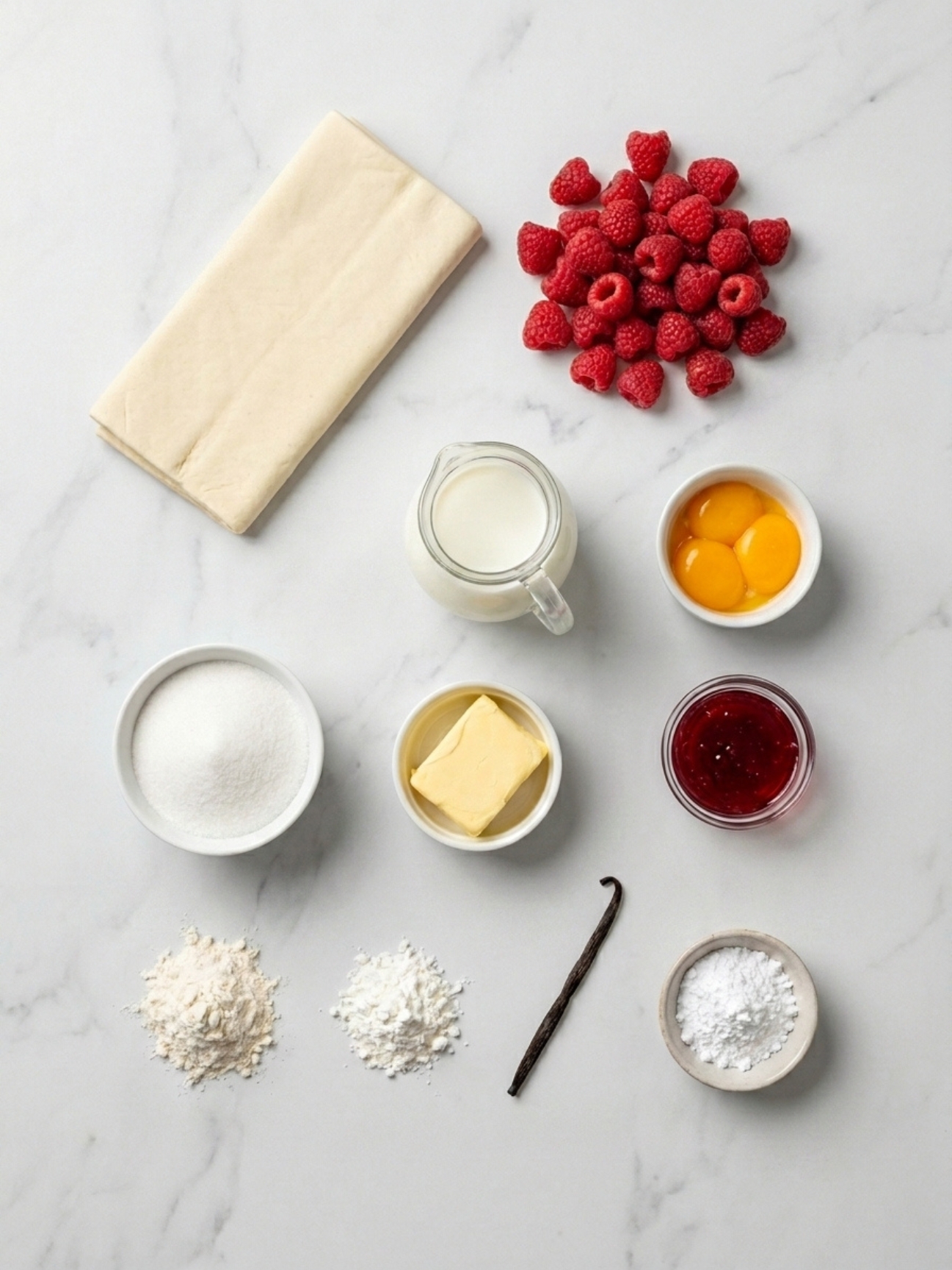 Ingrédients pour mille feuille framboise avec pâte feuilletée, fruits frais, lait et œufs.
