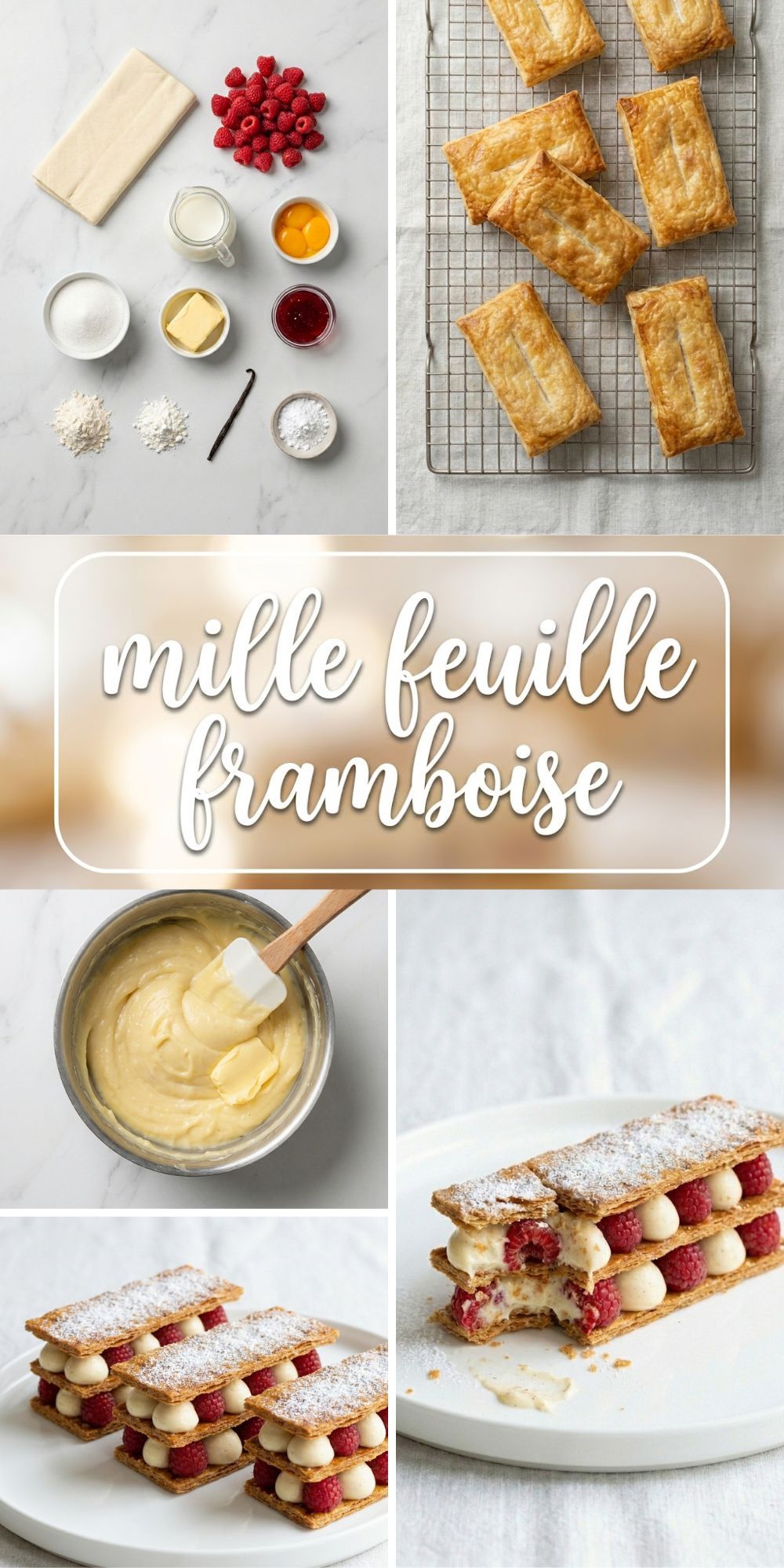 Collage étapes de préparation d'un mille feuille framboise avec crème, cuisson et produit fini.