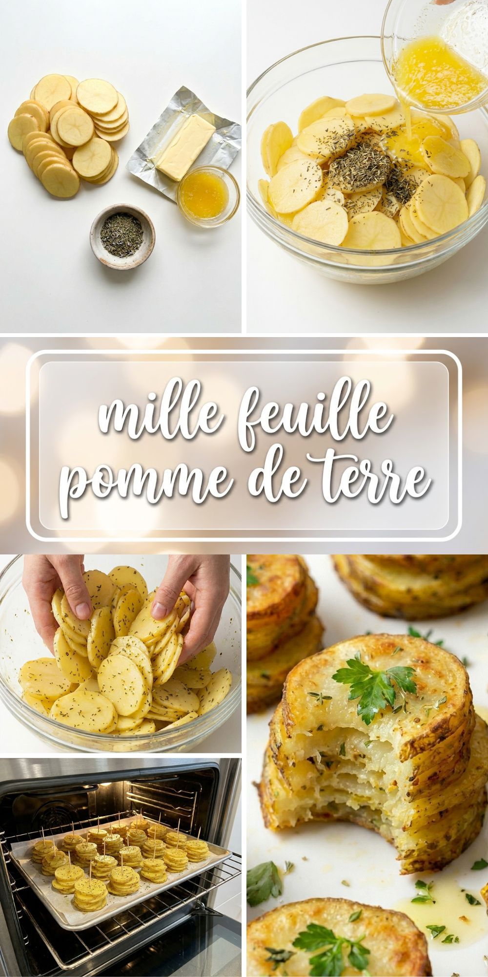 Infographie complète montrant la recette finale du mille feuille pomme de terre au four.
