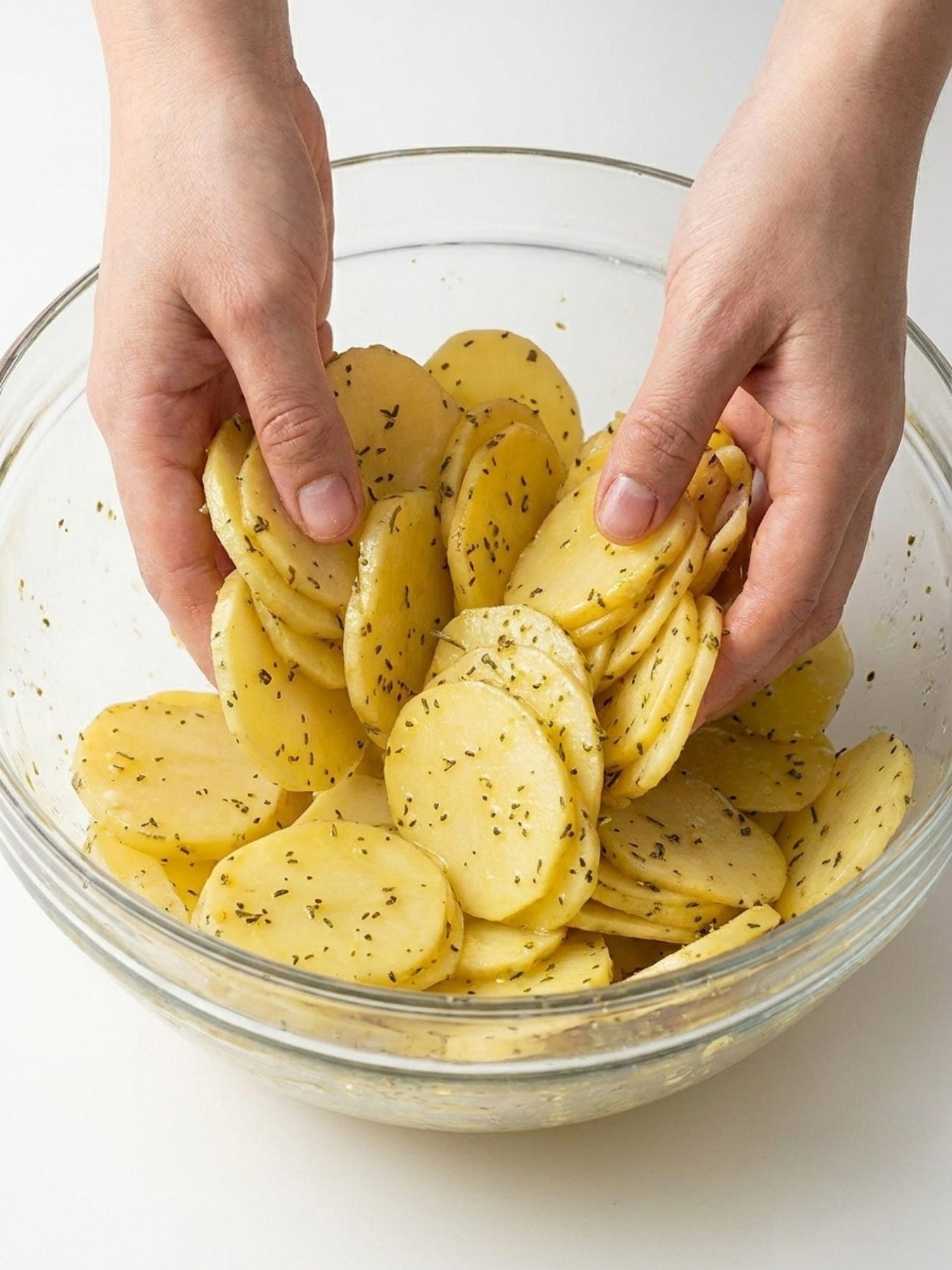 Mains mélangeant des fines rondelles pour préparer un mille feuille de pomme de terre.