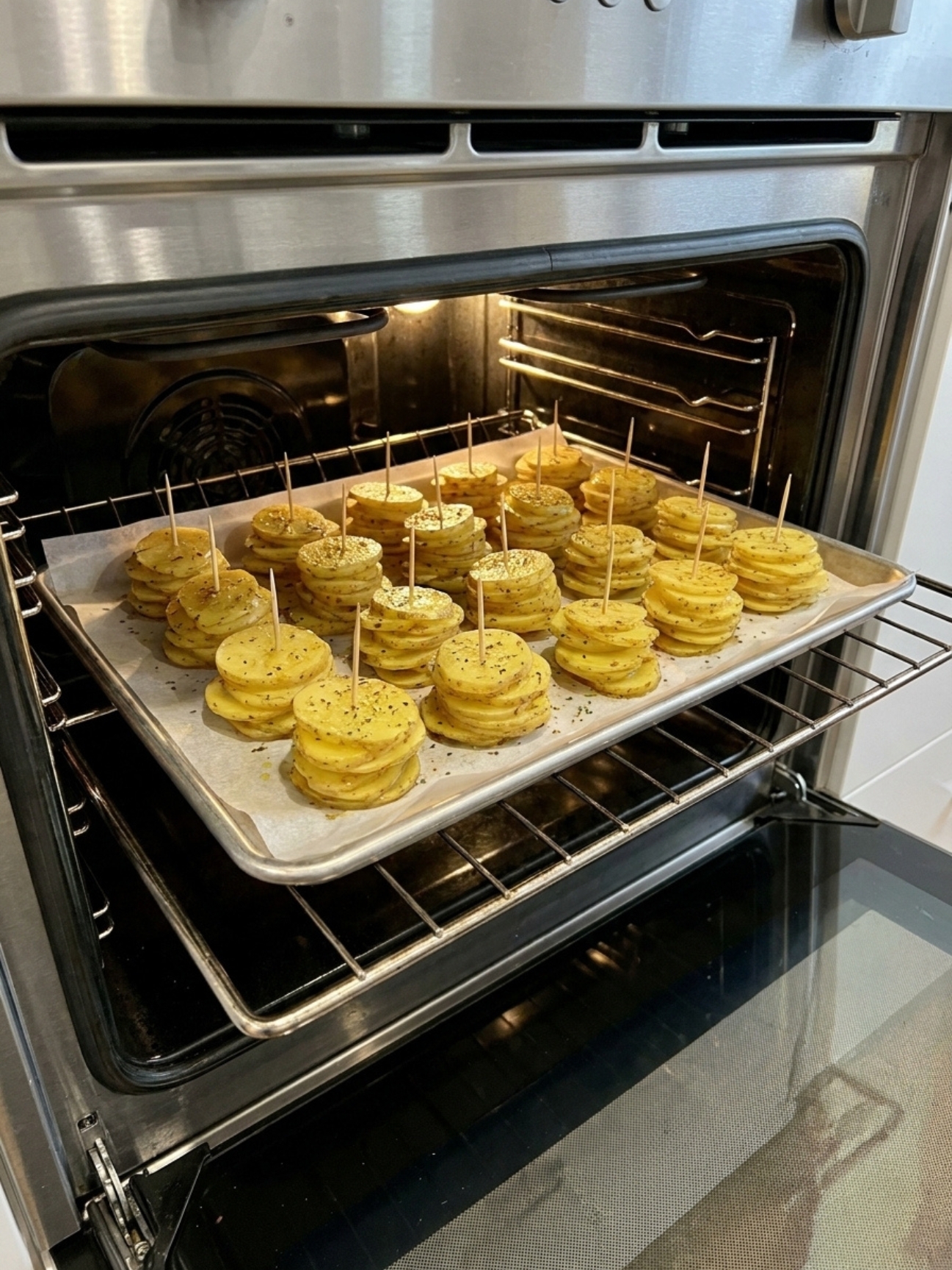 Plate de milles feuilles de pommes de terre alignés sur une plaque de cuisson dans le four.