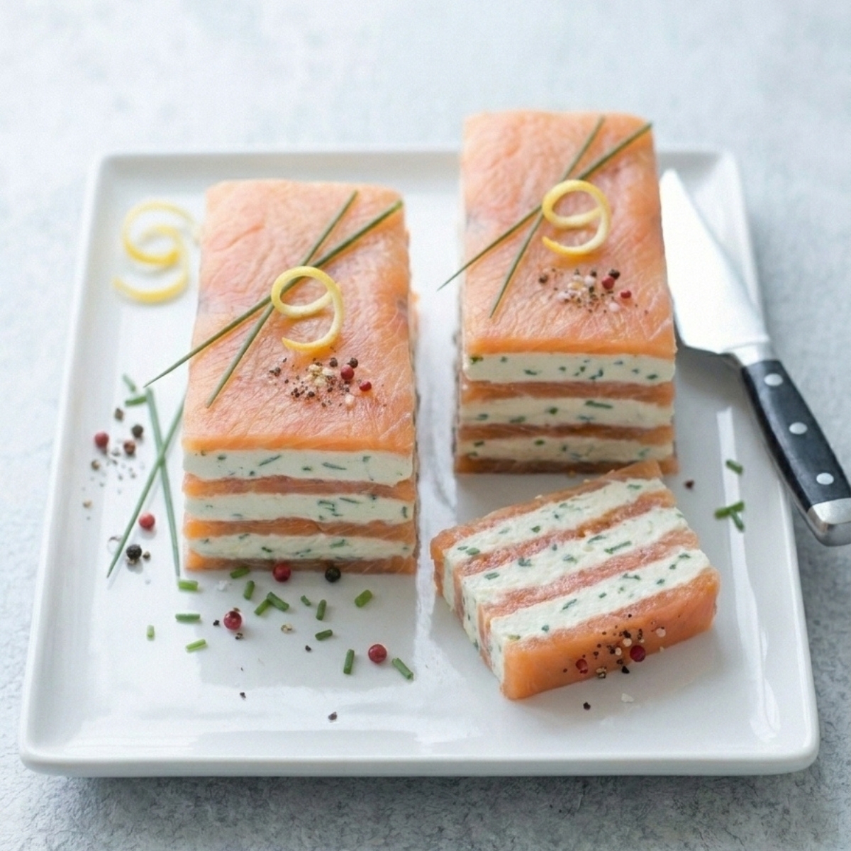 Gros plan de tranches de mille feuille saumon dressées sur une assiette blanche avec de la ciboulette.