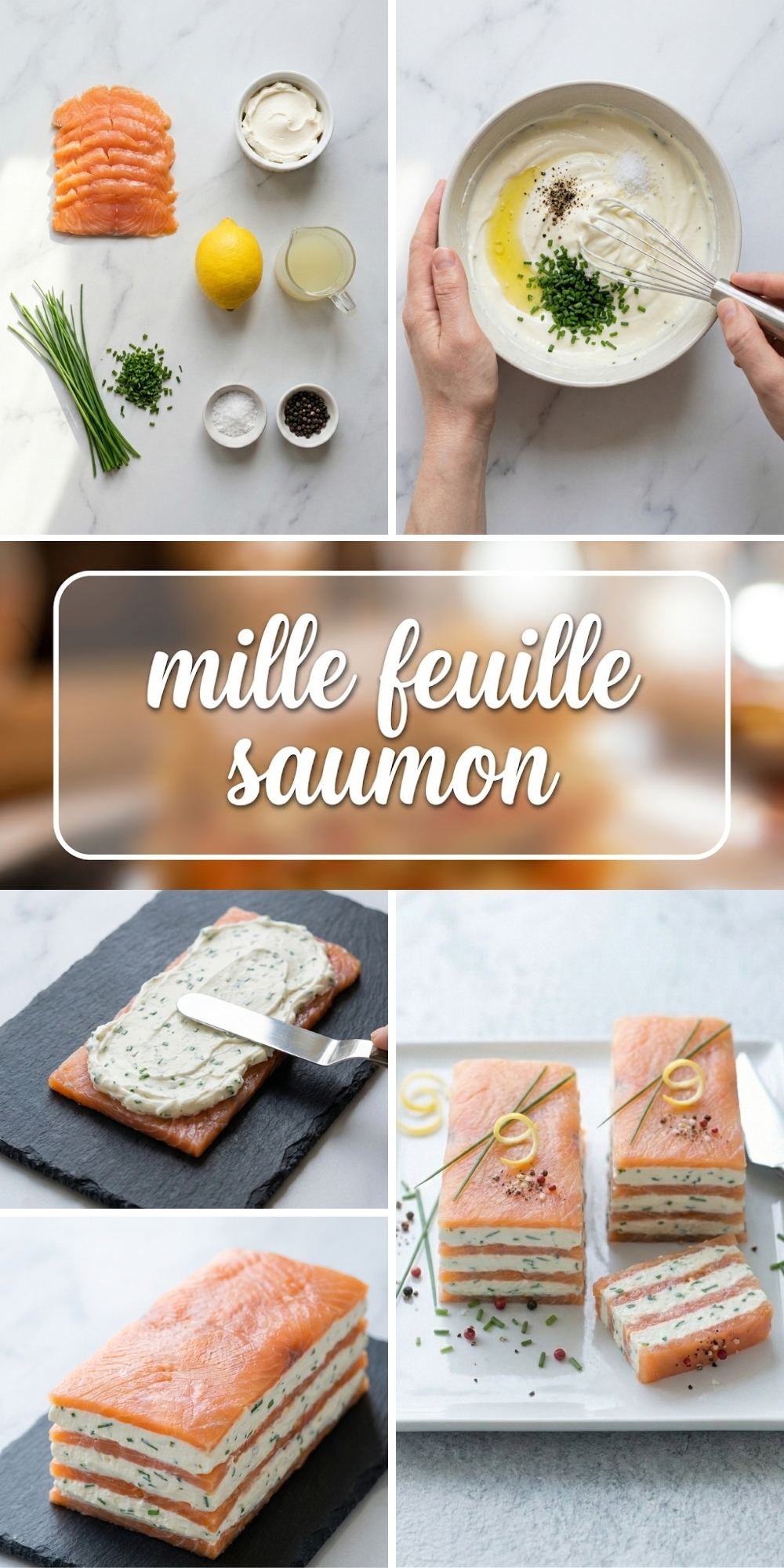 Une infographie montrant les ingrédients et les étapes de préparation d'un mille feuille saumon.