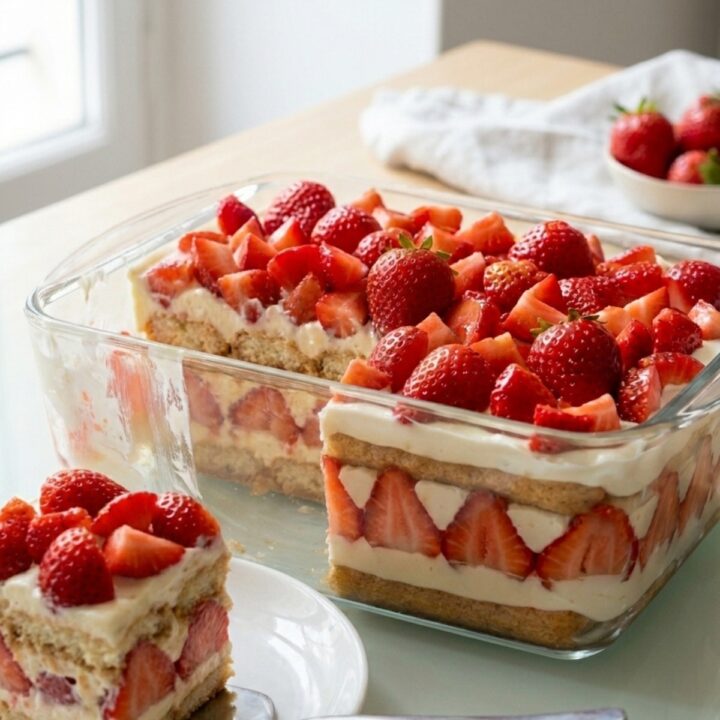 Ingrédients disposés sur la table, fraises, œufs, mascarpone pour le tiramisu aux fraises.