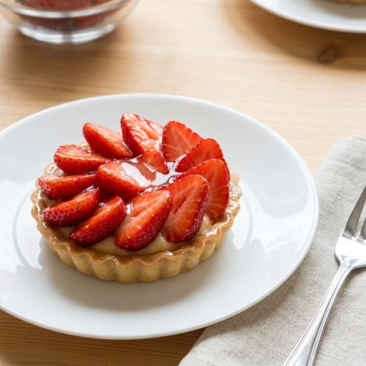 Une tartelette aux fraises brillantes avec sa crème pâtissière sur une assiette blanche.