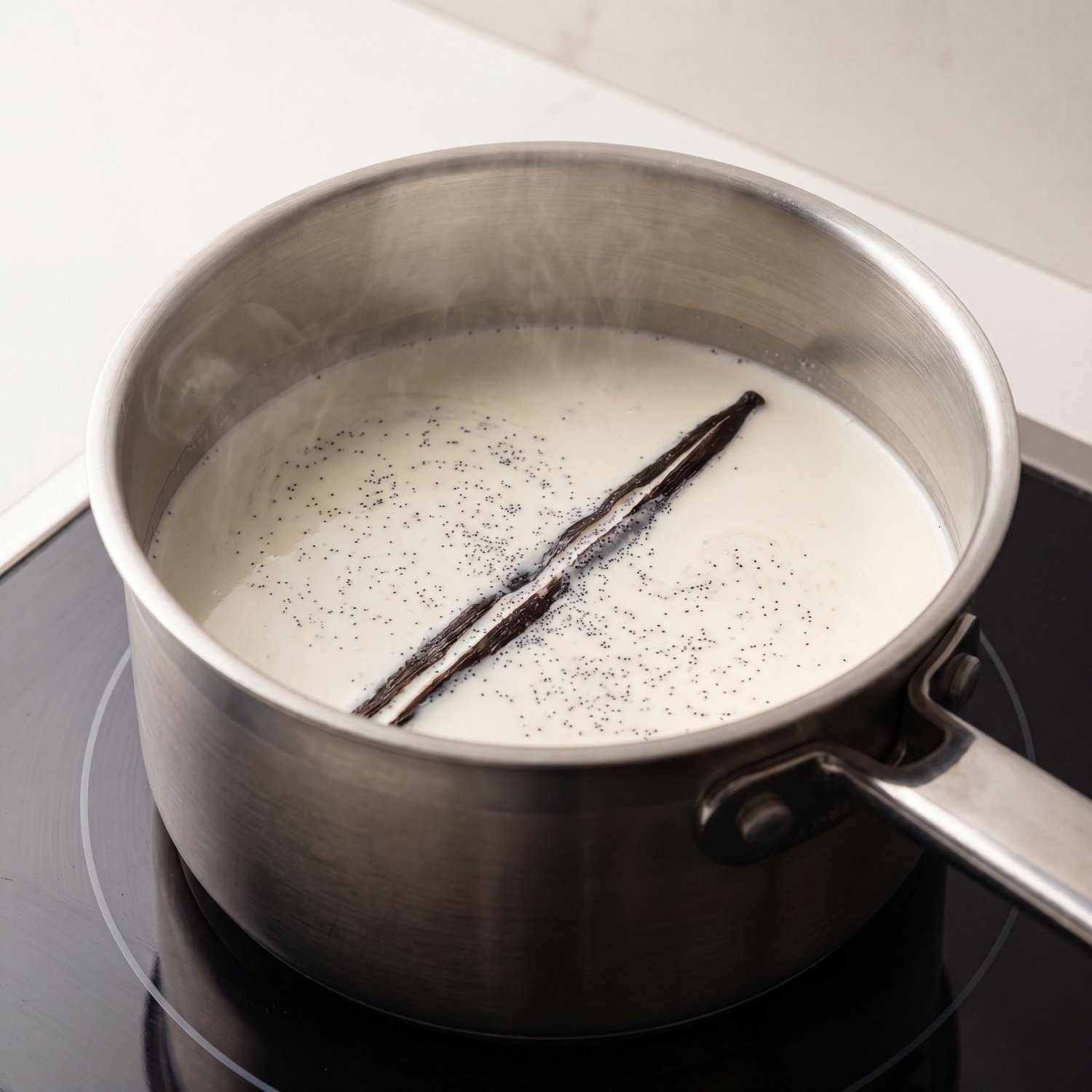 Lait fumant dans une casserole avec gousses de vanille fendues et graines de vanille, sur plaque de cuisson.
