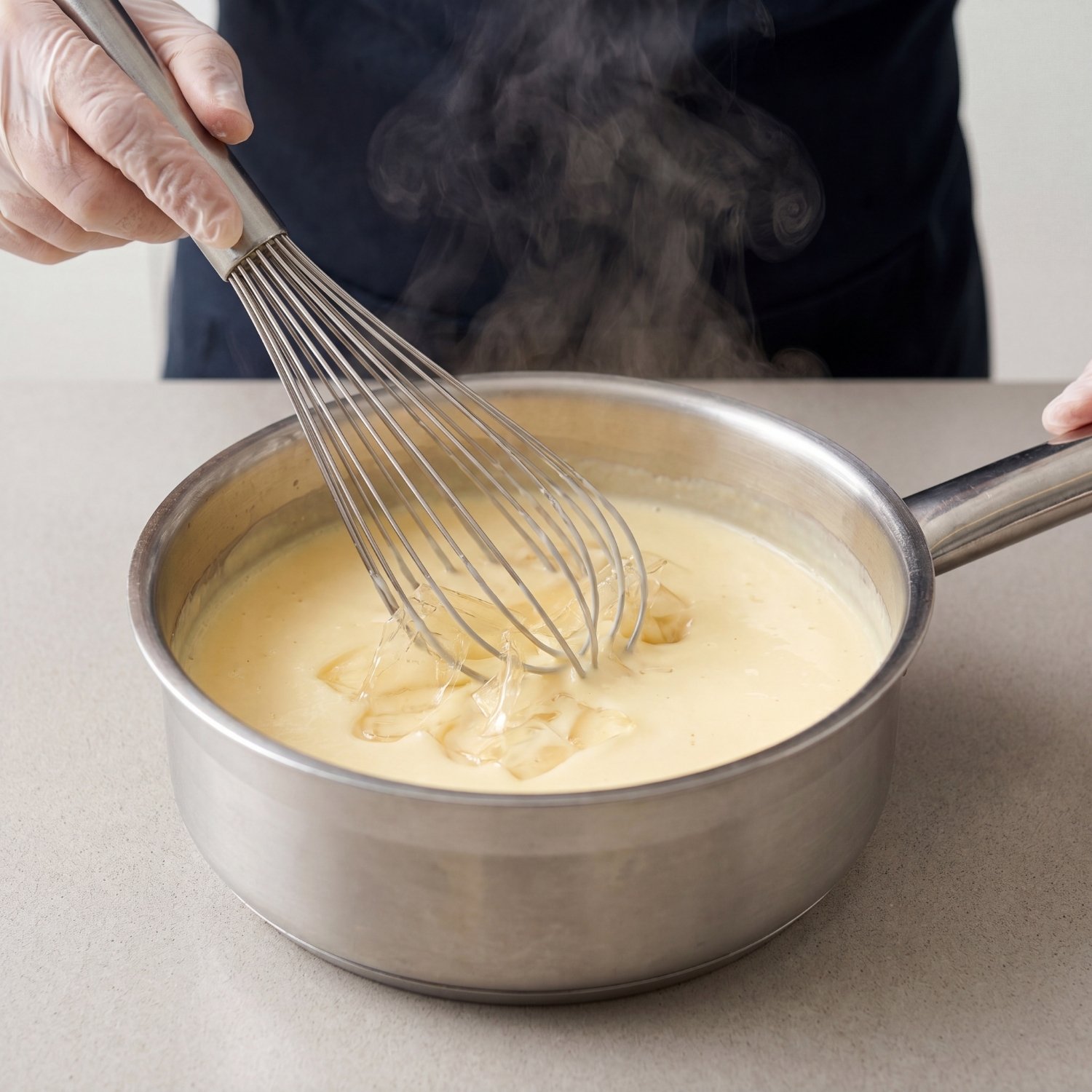 Chef fouettant la panna cotta fumante dans une casserole en inox pour y incorporer des feuilles de gélatine.