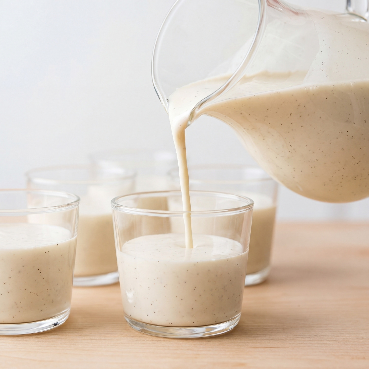 Versement de la panna cotta à la vanille d'une carafe en verre dans des verrines.