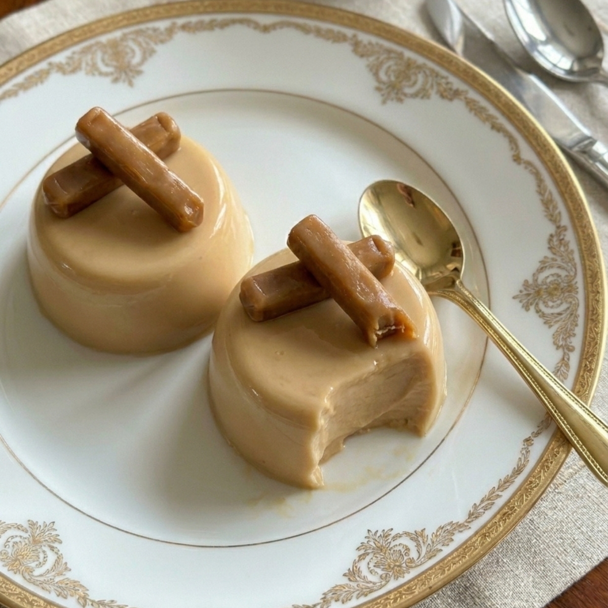 Deux flans au caramel sur une assiette dorée avec une cuillère, recette avec gélatine en feuille.