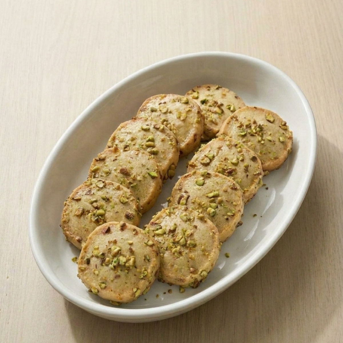 Une assiette ovale blanche remplie de biscuits ronds faits maison parsemés de pistaches vertes.