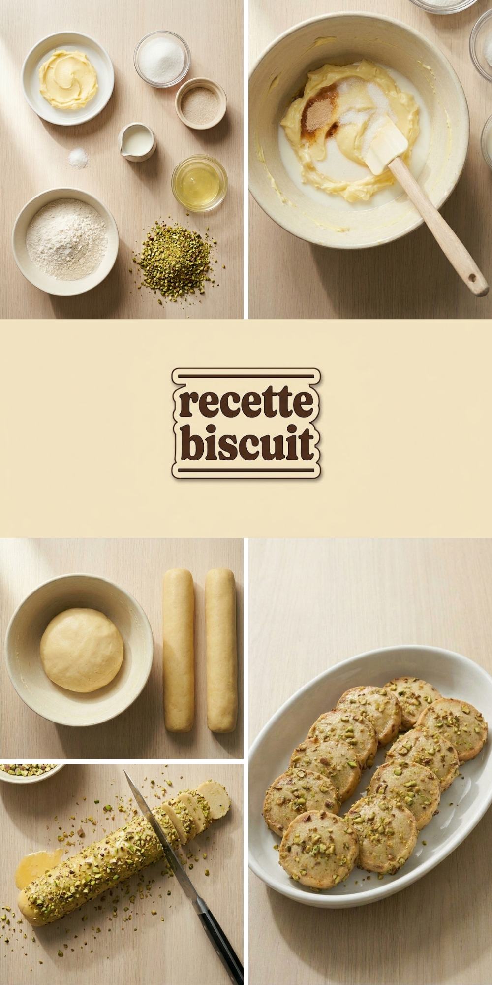 Un montage photo vertical montrant toutes les étapes de la recette biscuit maison aux pistaches.