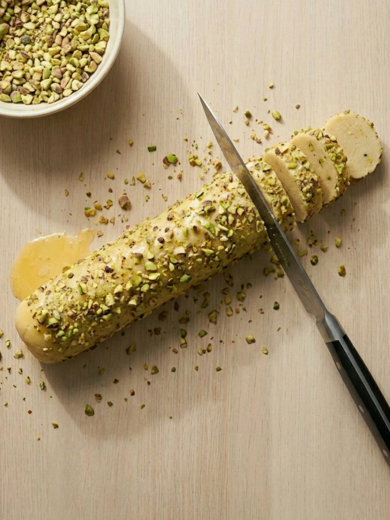Un couteau découpe un boudin de pâte à biscuit en rondelles enrobées de éclats de pistaches.