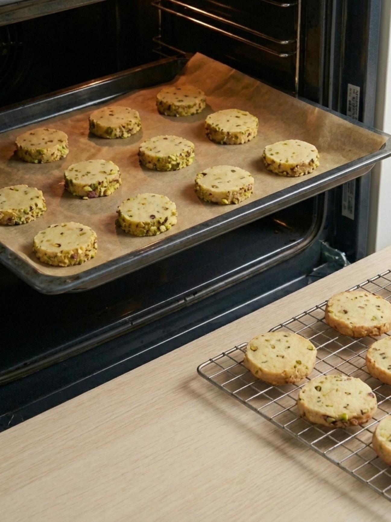 Biscuits ronds alignés sur une plaque de cuisson dans le four et sur une grille de refroidissement.