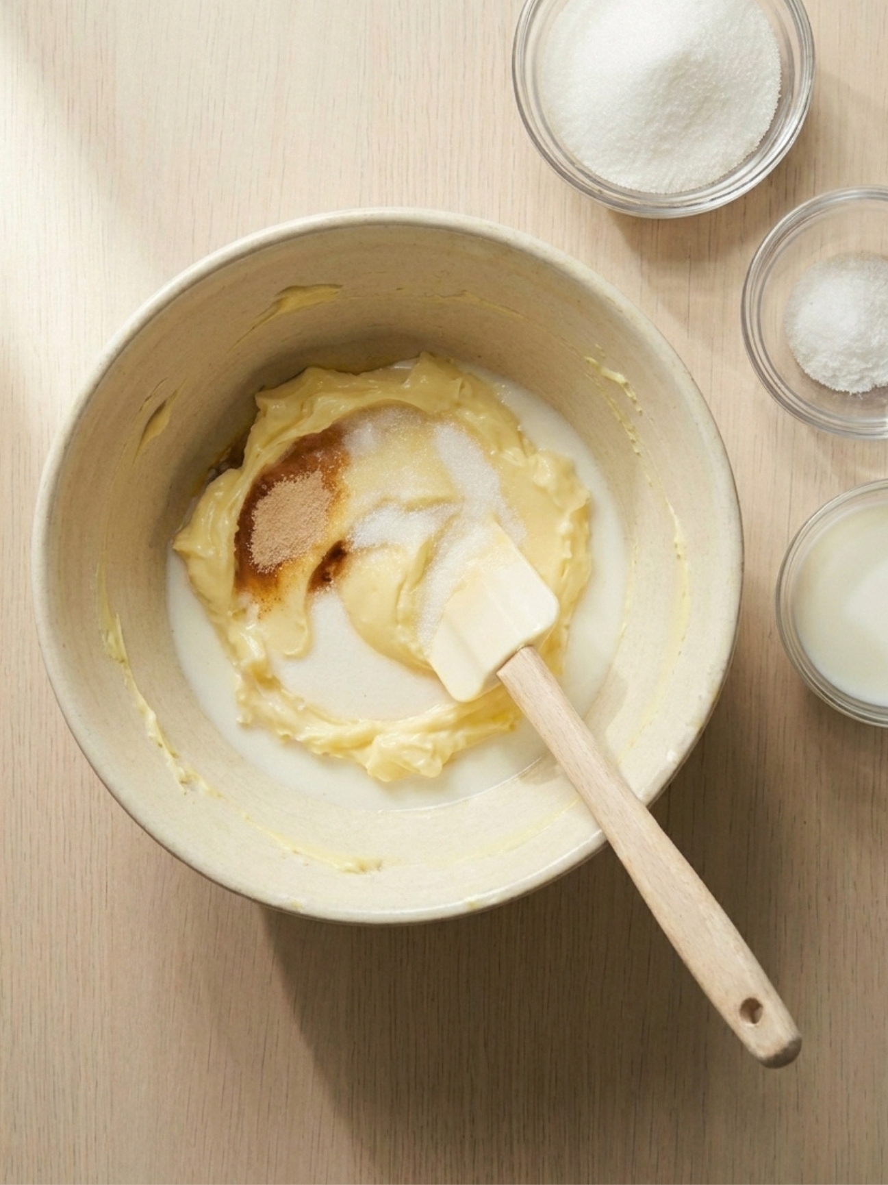 Une spatule mélange du beurre, du sucre et des arômes dans un bol de préparation en céramique.