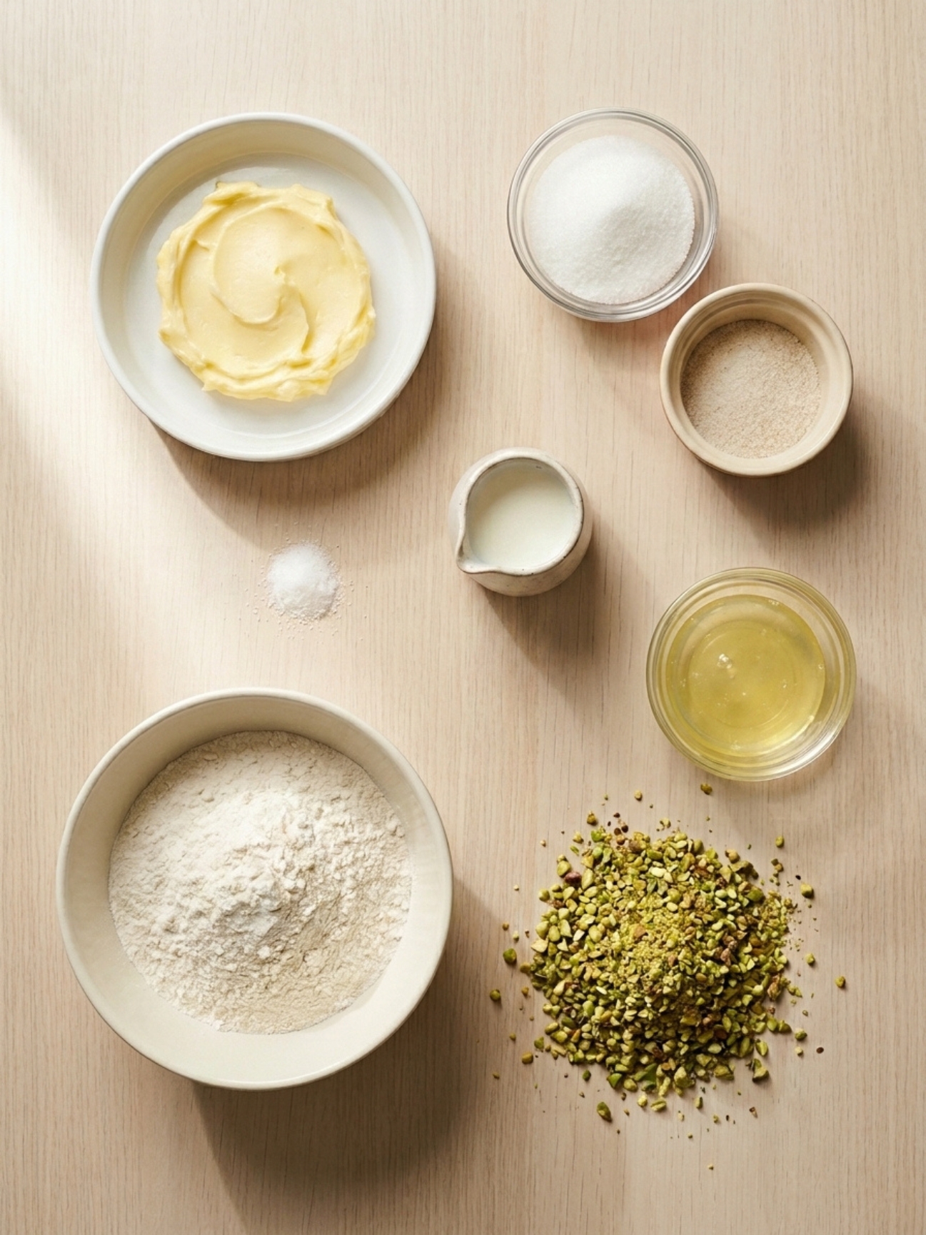 Vue du dessus de bols contenant de la farine, du beurre, du sucre, du lait et des pistaches hachées.