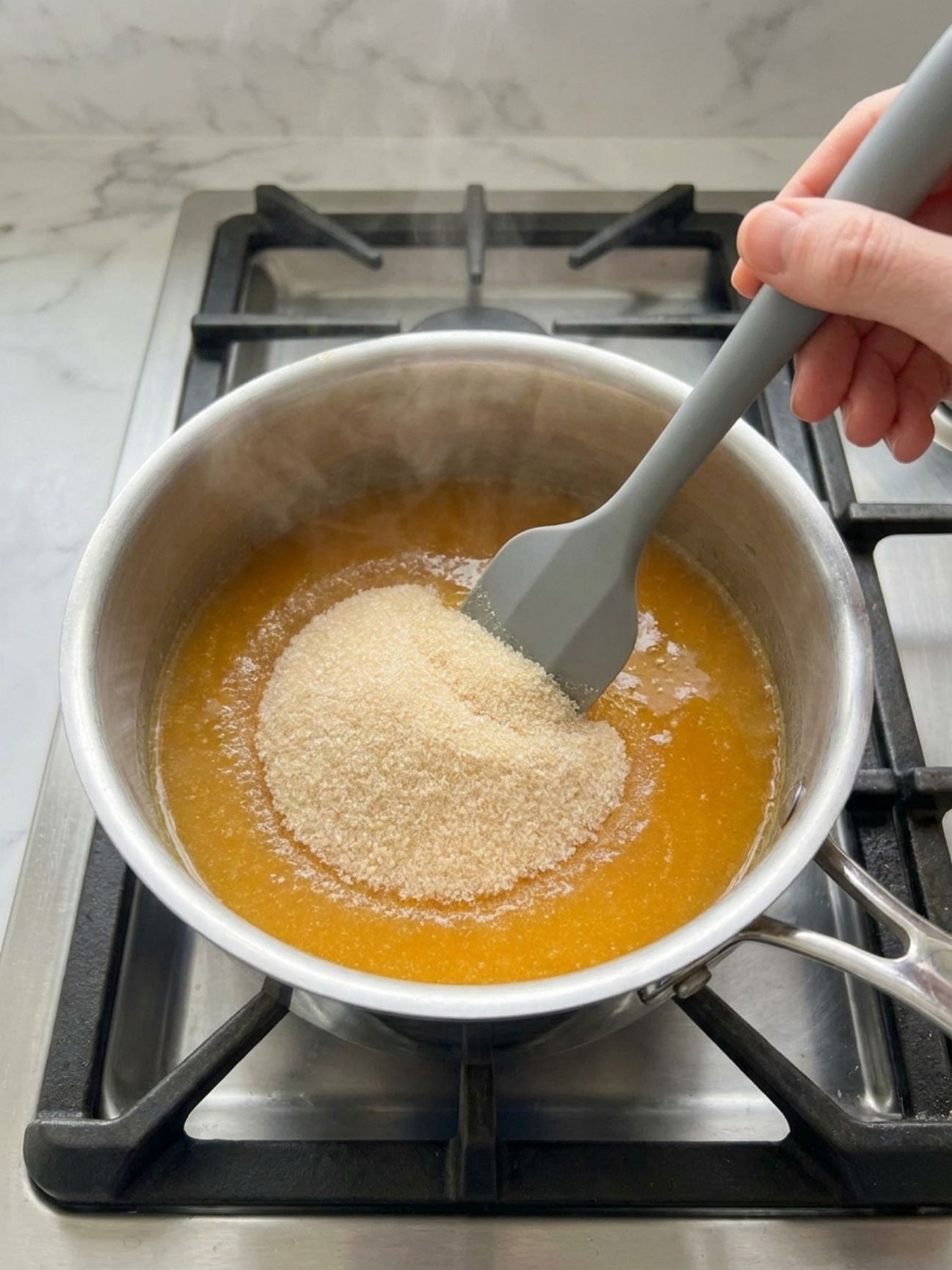Mélange de la recette bonbon gelatine maison dans une casserole avec une spatule grise.