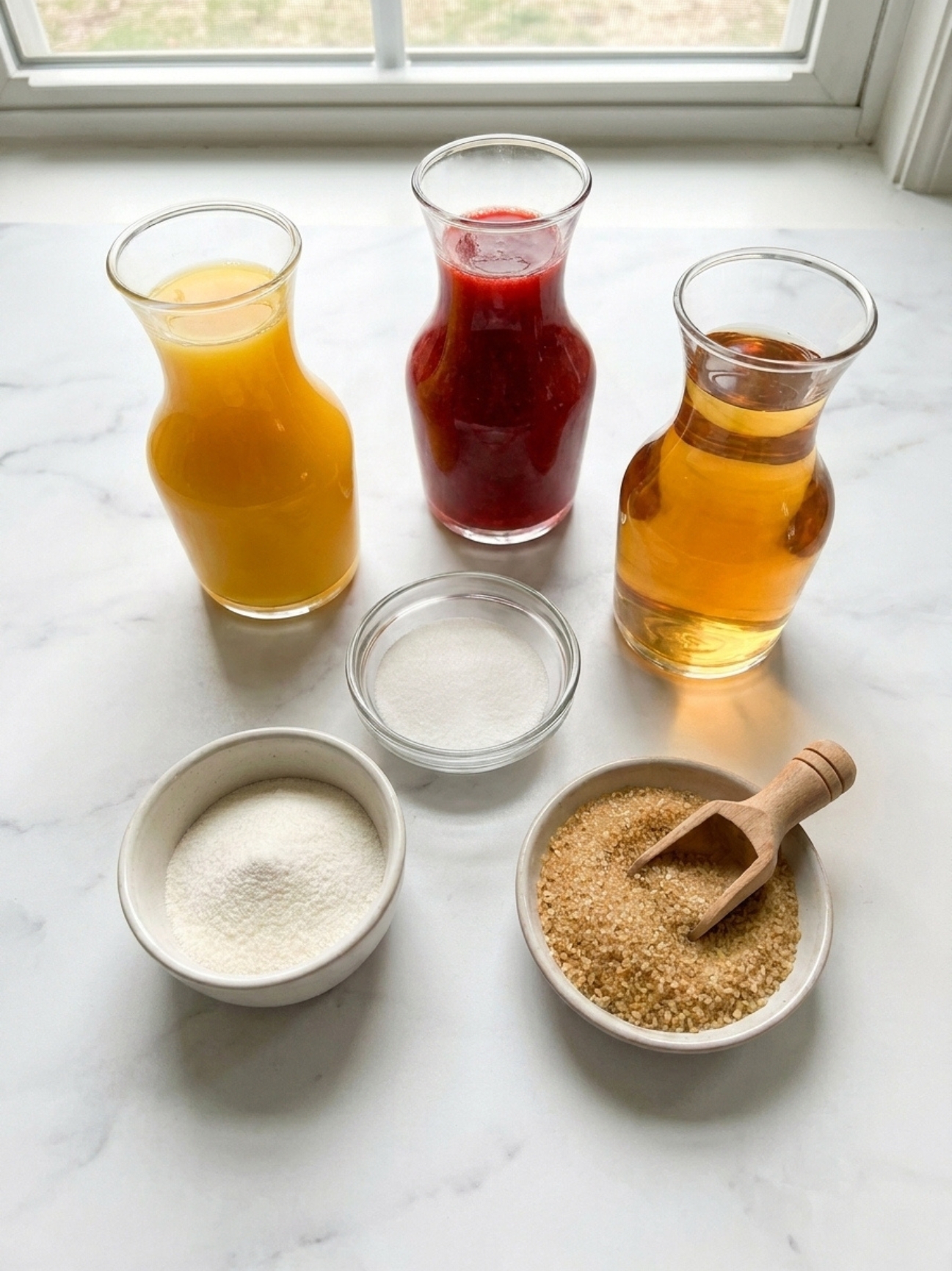 Carafes de jus de fruits et bols de sucre pour la recette bonbon gelatine maison.