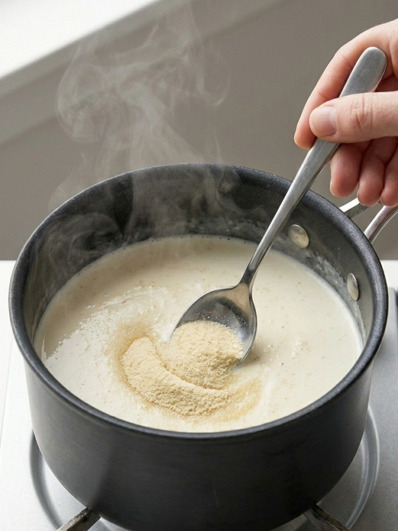 Une main mélangeant de la gélatine dans une casserole de crème chaude pour la recette chantilly gelatine.