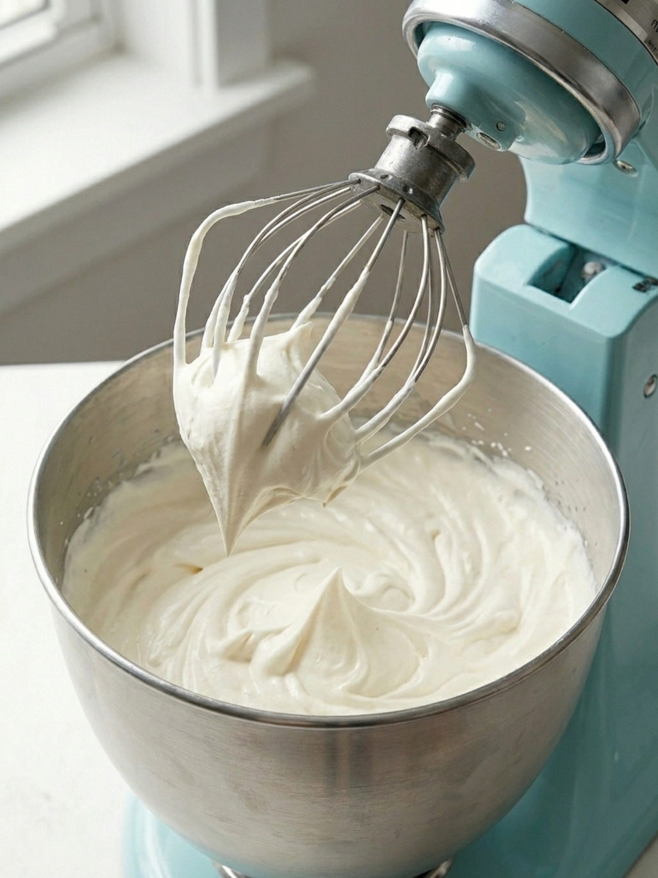 Le fouet d'un robot pâtissier turquoise soulevant une recette chantilly gelatine ferme et blanche.