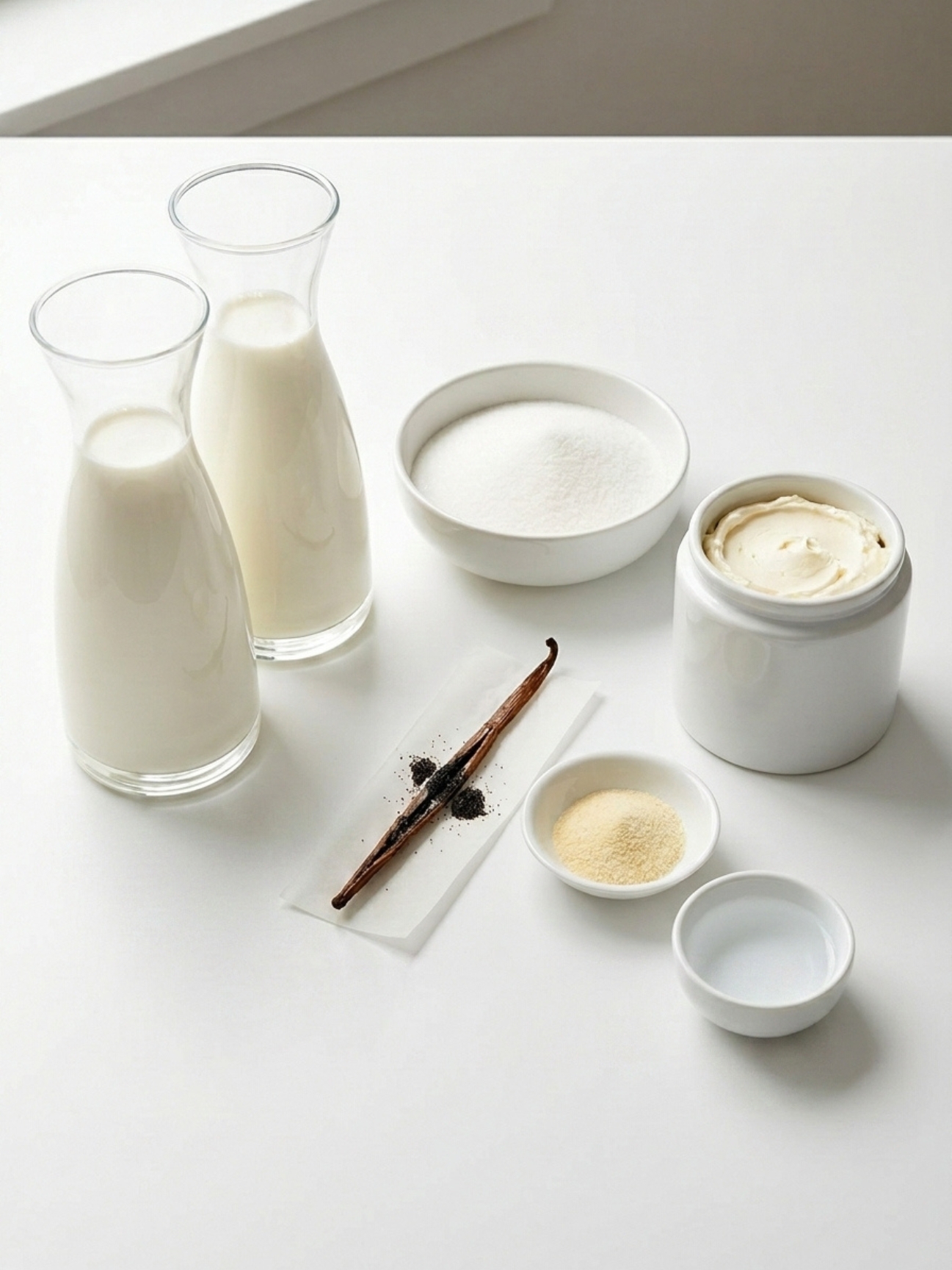 Les ingrédients de la recette chantilly gelatine disposés sur une table blanche épurée.