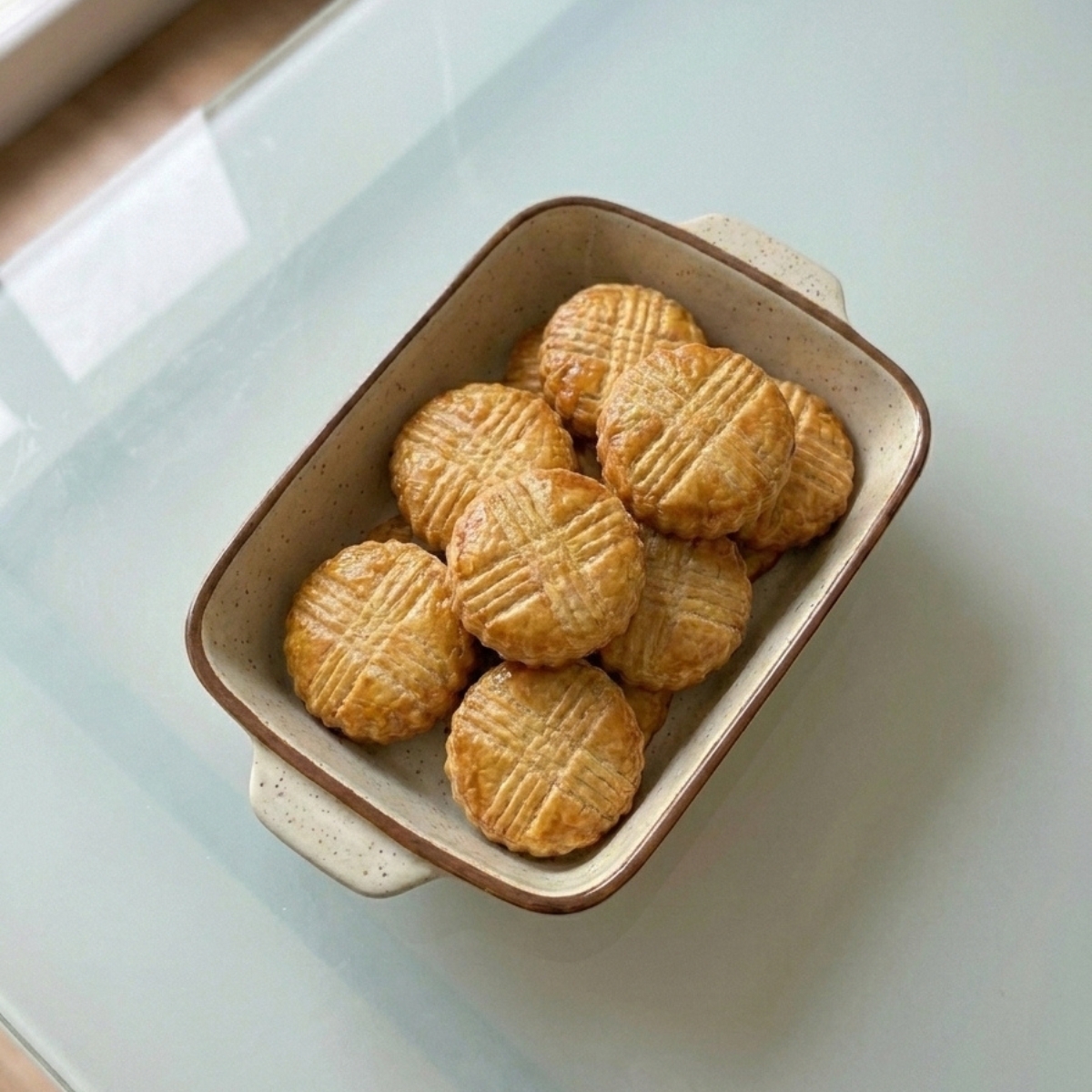 Biscuits dorés et quadrillés issus de la recette de galette bretonne biscuit dans un plat.
