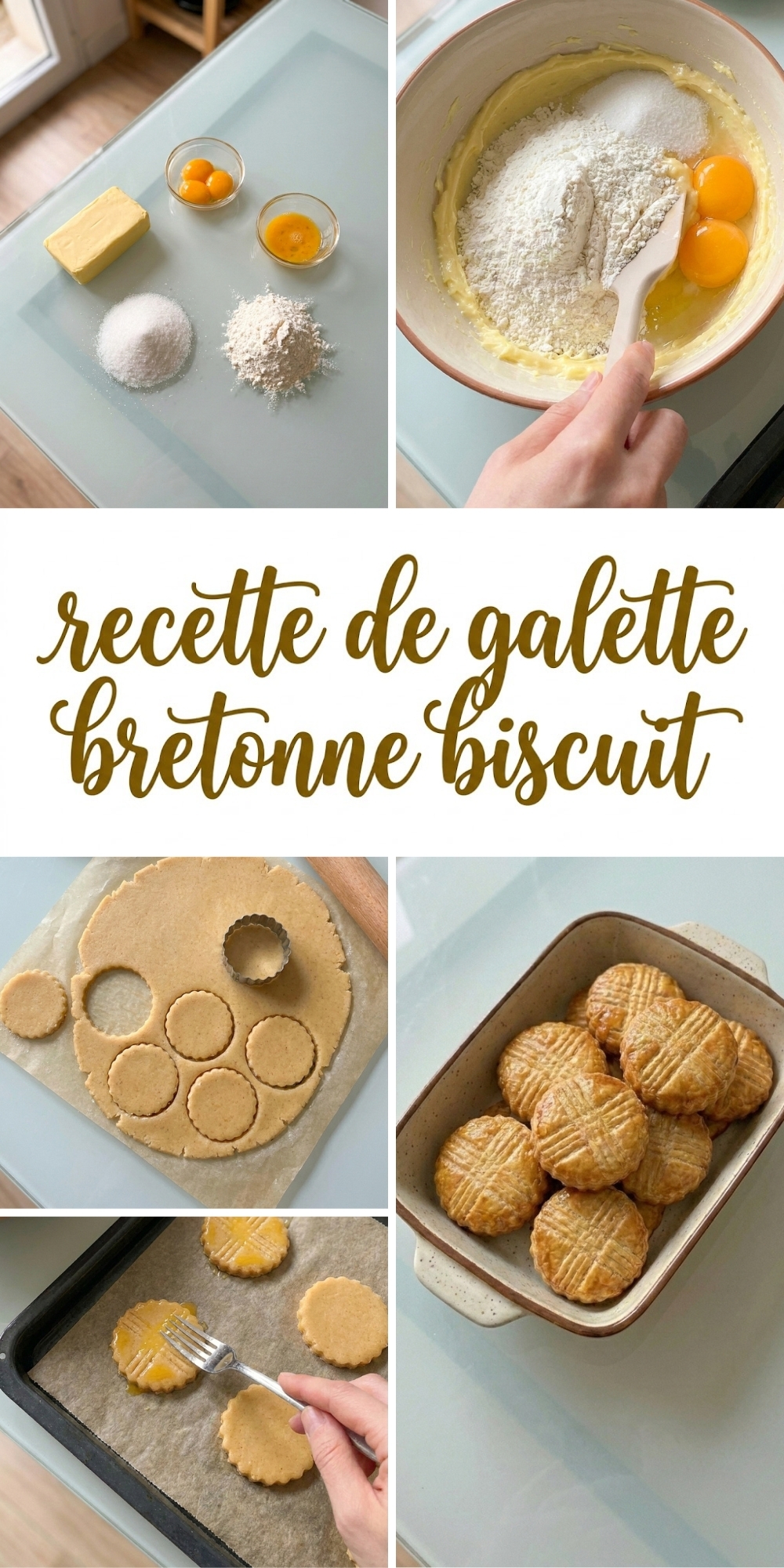 Collage d'images montrant les étapes de la recette de galette bretonne biscuit sur table claire.