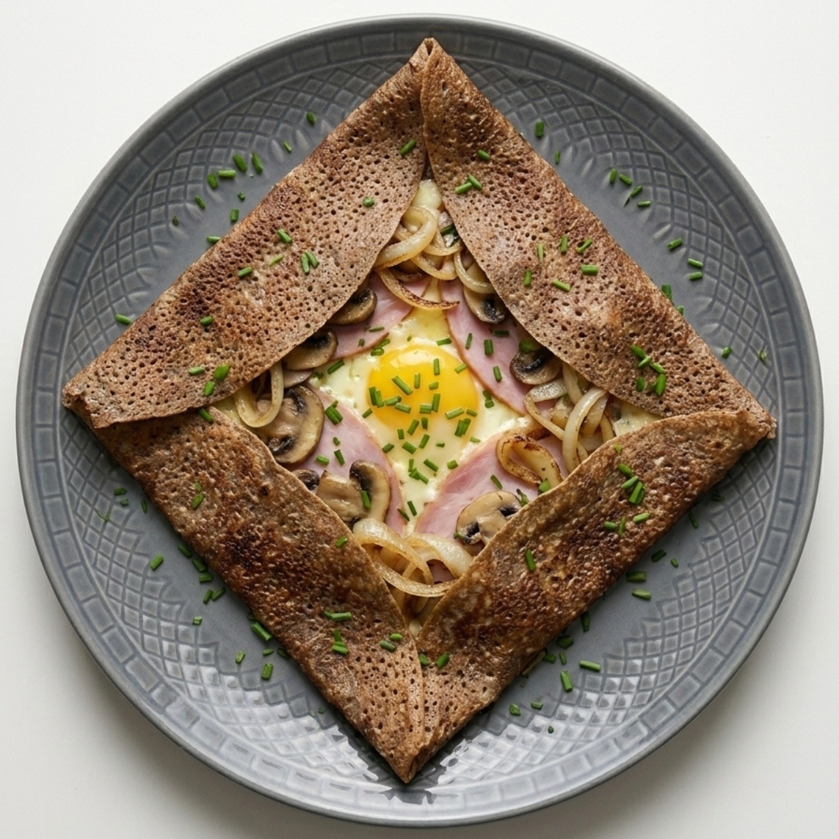 Une recette de galette bretonne garniture avec un oeuf, du jambon et des champignons.