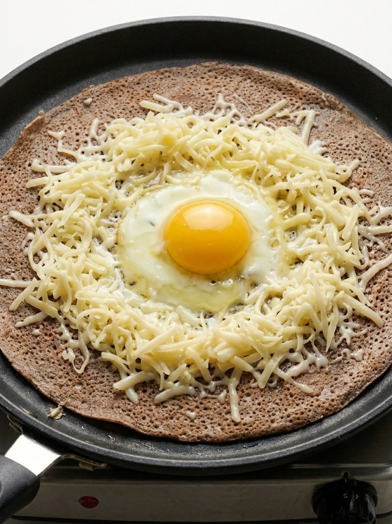 Fromage râpé et oeuf au centre de la recette de galette bretonne garniture en cuisson.