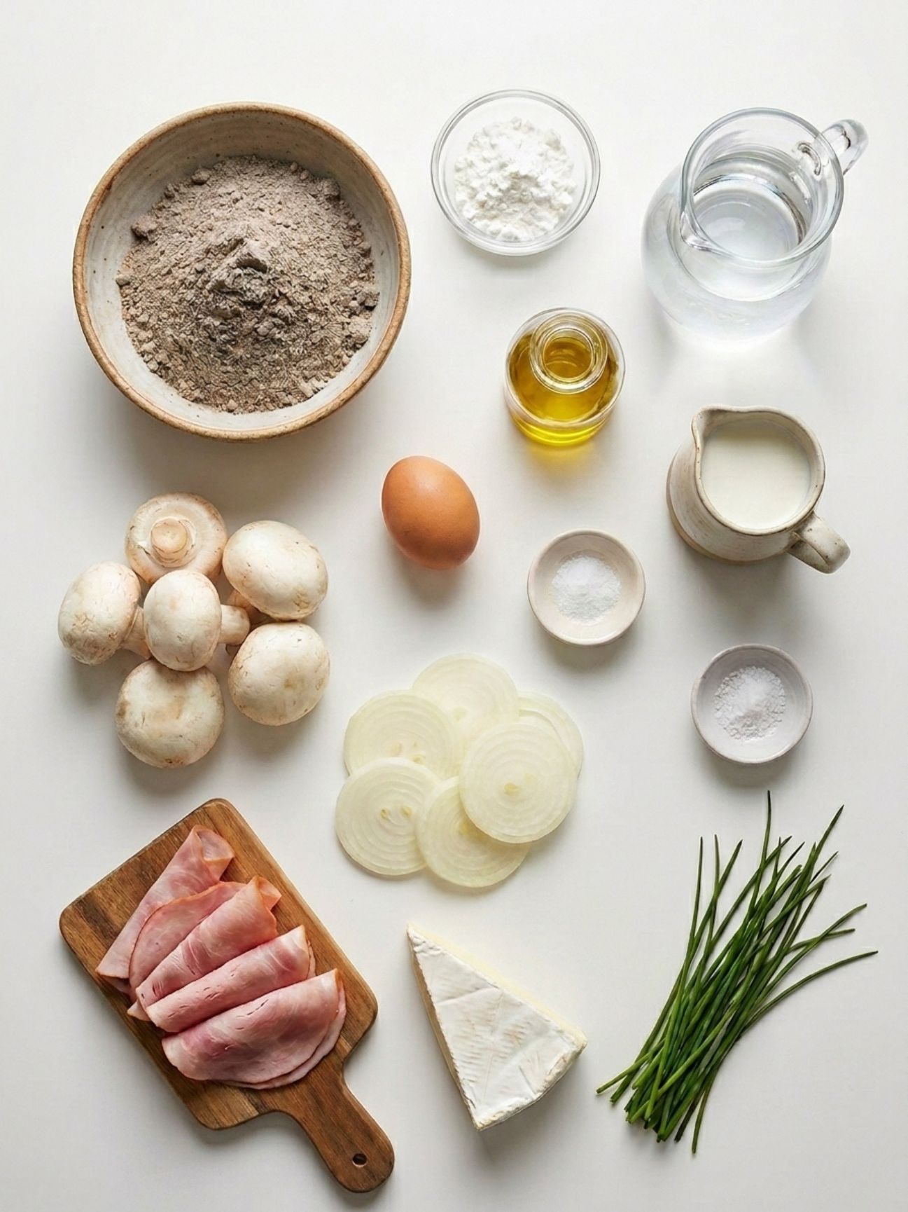 Ingrédients frais disposés à plat pour la recette de galette bretonne garniture.
