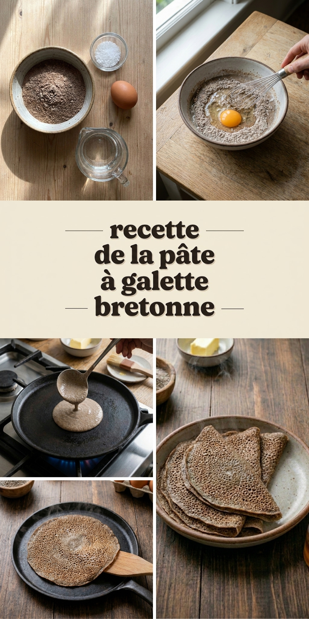 Étapes en image pour réussir la recette de la pâte à galette bretonne traditionnelle au sarrasin.